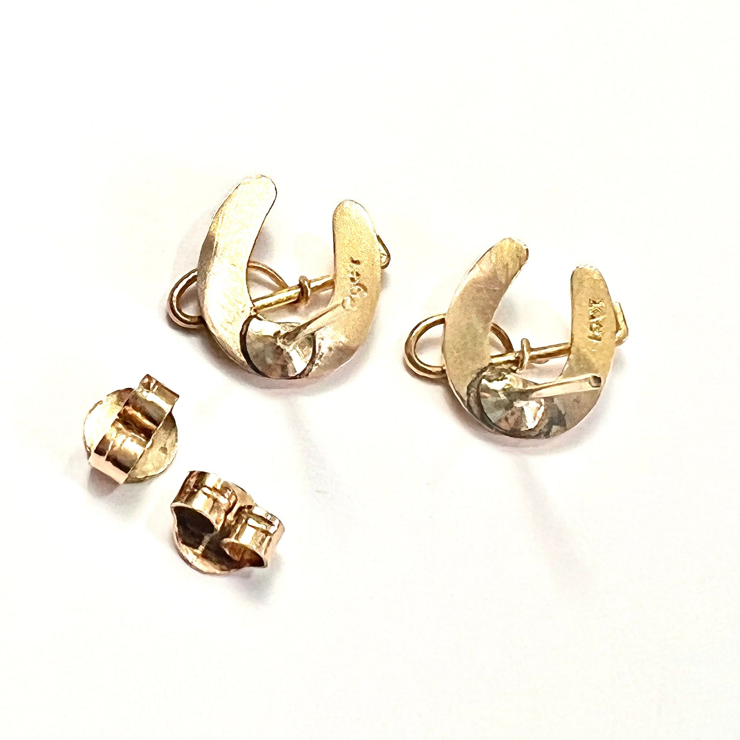 Victorian Lucky Horseshoe and Crop Solid Gold Stud Earrings