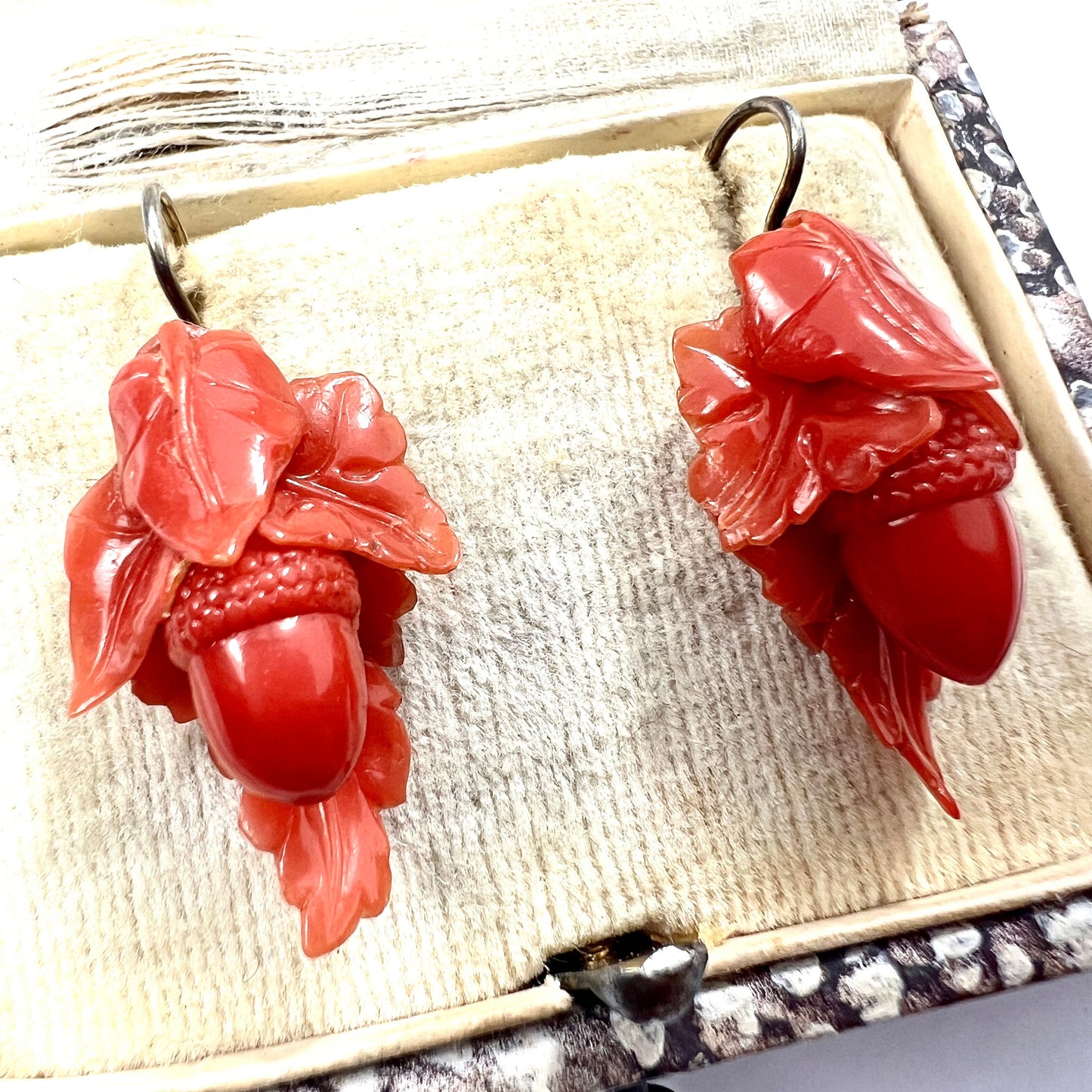 Victorian Coral Celluloid Acorn Earrings