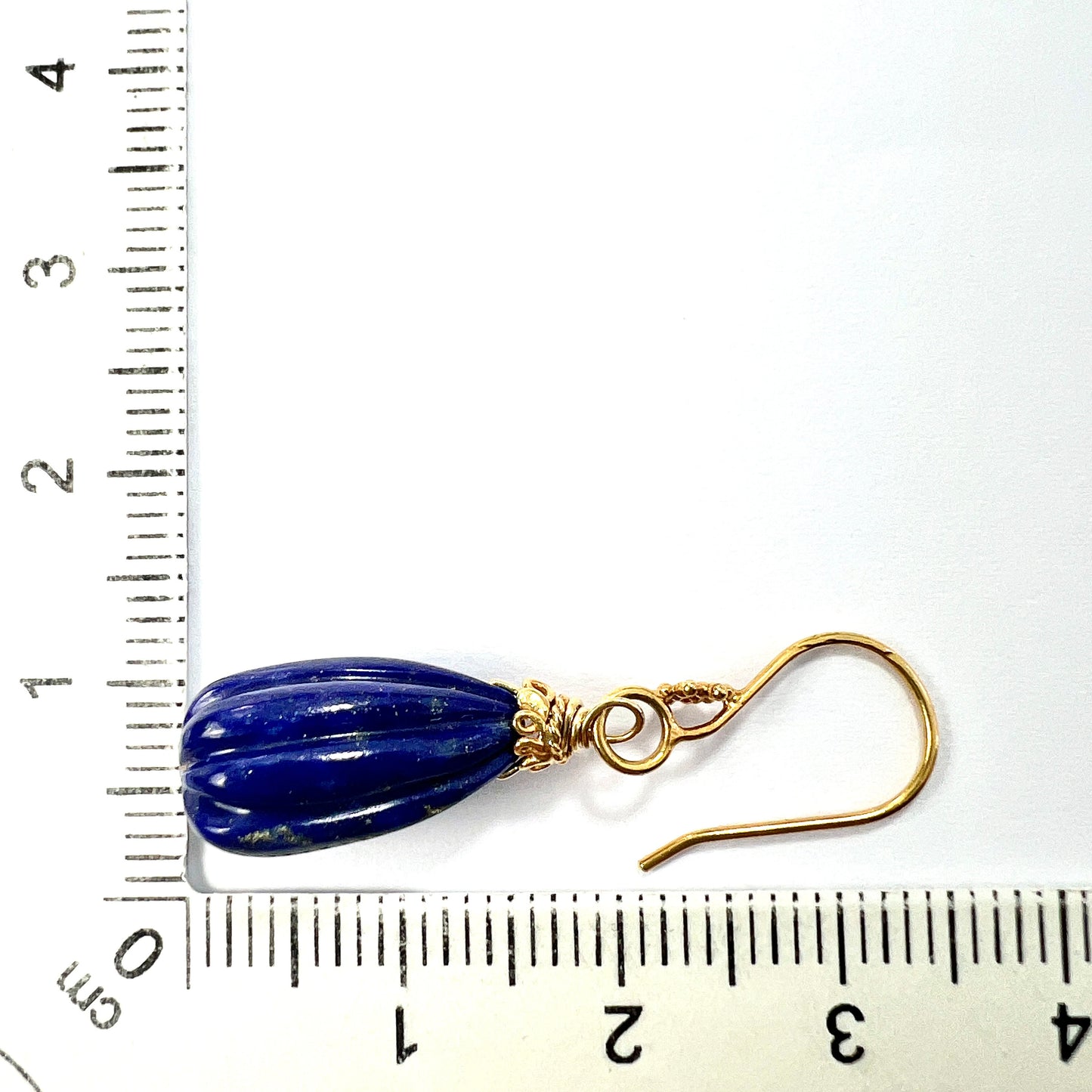 Vintage Solid 18CT Gold Lapis Lazuli Fluted Teardrop Earrings