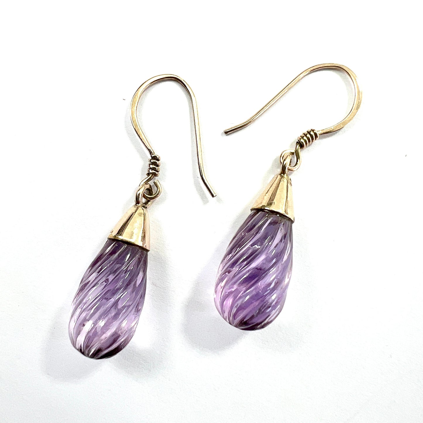 Vintage Carved Amethyst Swirl 9CT Rose Gold Teardrop Earrings