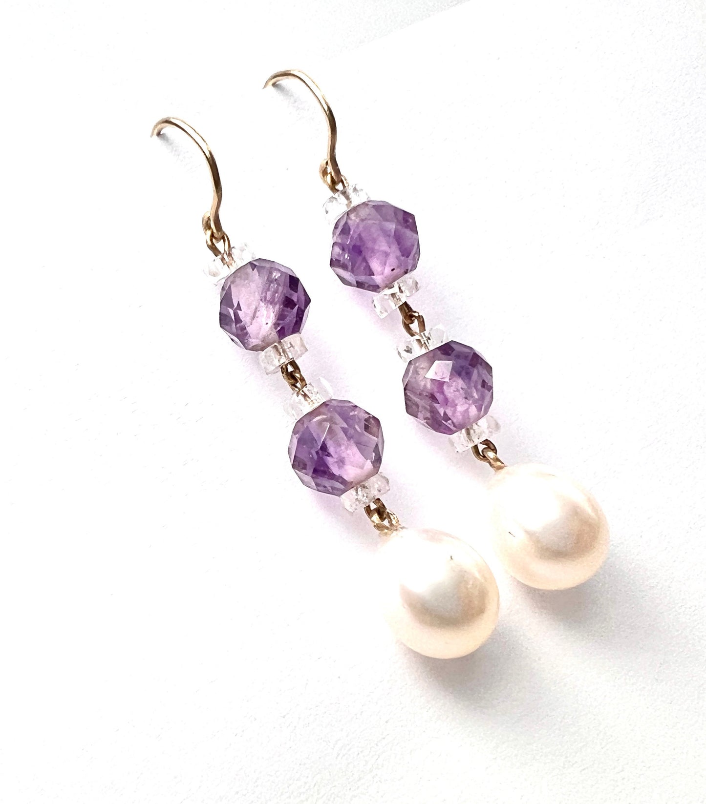 Edwardian Amethyst and Crystal Bead Pearl Drop Earrings in 9CT Gold