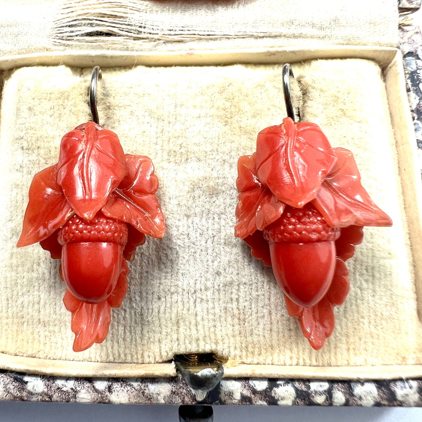 Victorian Coral Celluloid Acorn Earrings