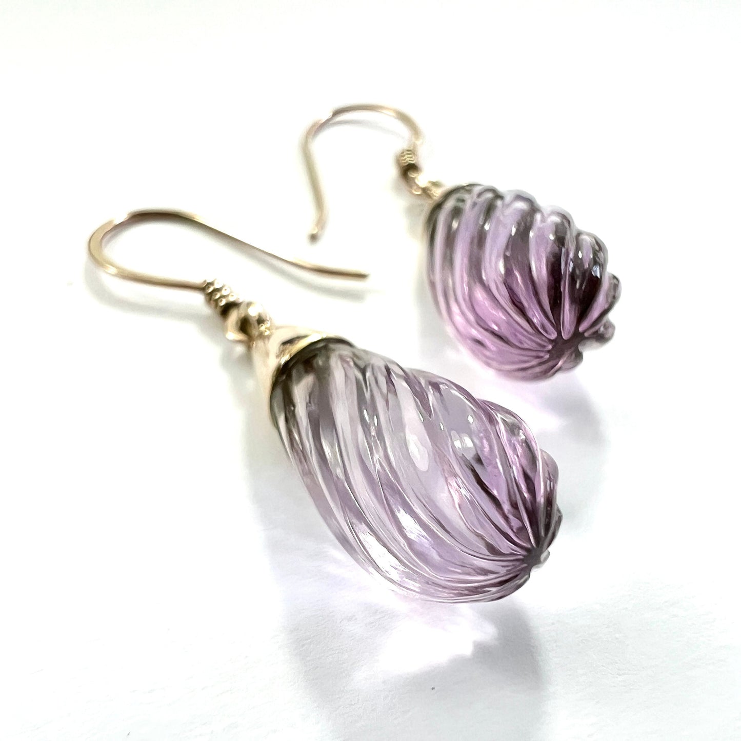 Vintage Carved Amethyst Swirl 9CT Rose Gold Teardrop Earrings