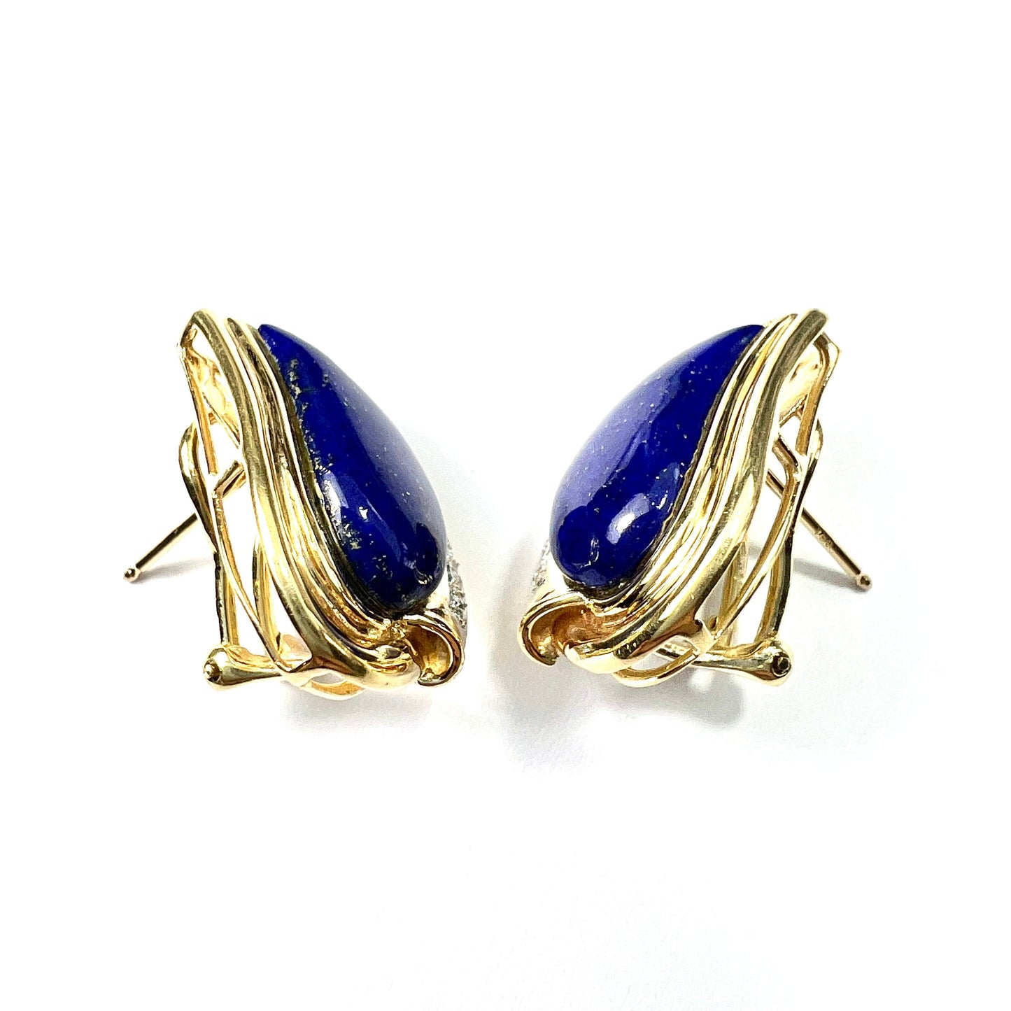 Large Vintage 18CT Gold Lapis Lazuli and Diamond Teardrop Earrings
