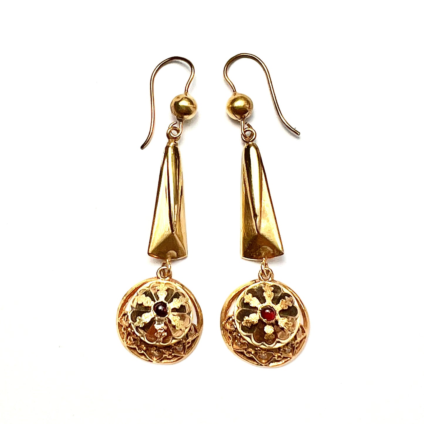 Victorian Garnet Etruscan Revival 9CT Gold Long Drop Earrings