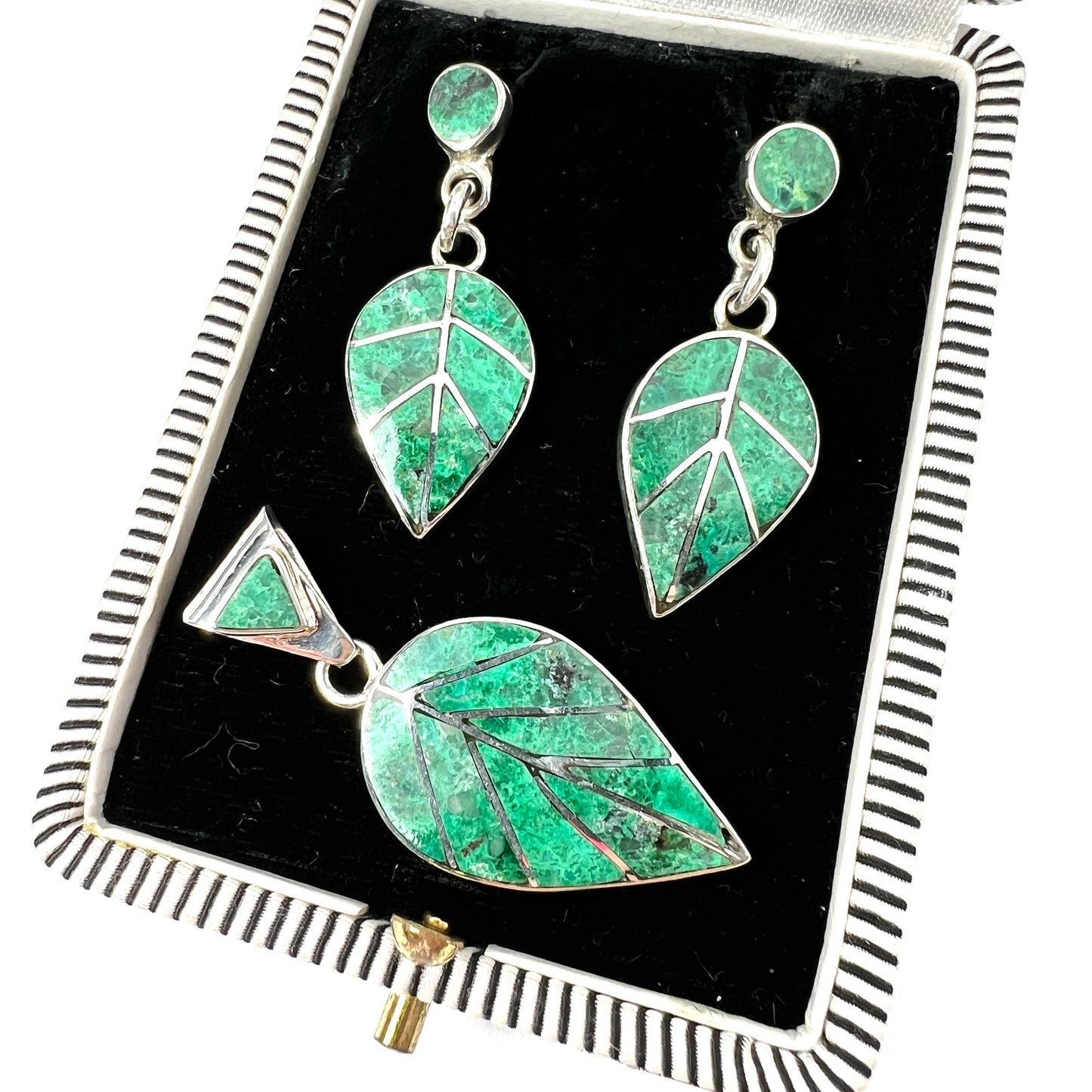 Vintage Malachite Leaf Sterling Silver Earrings and Pendant