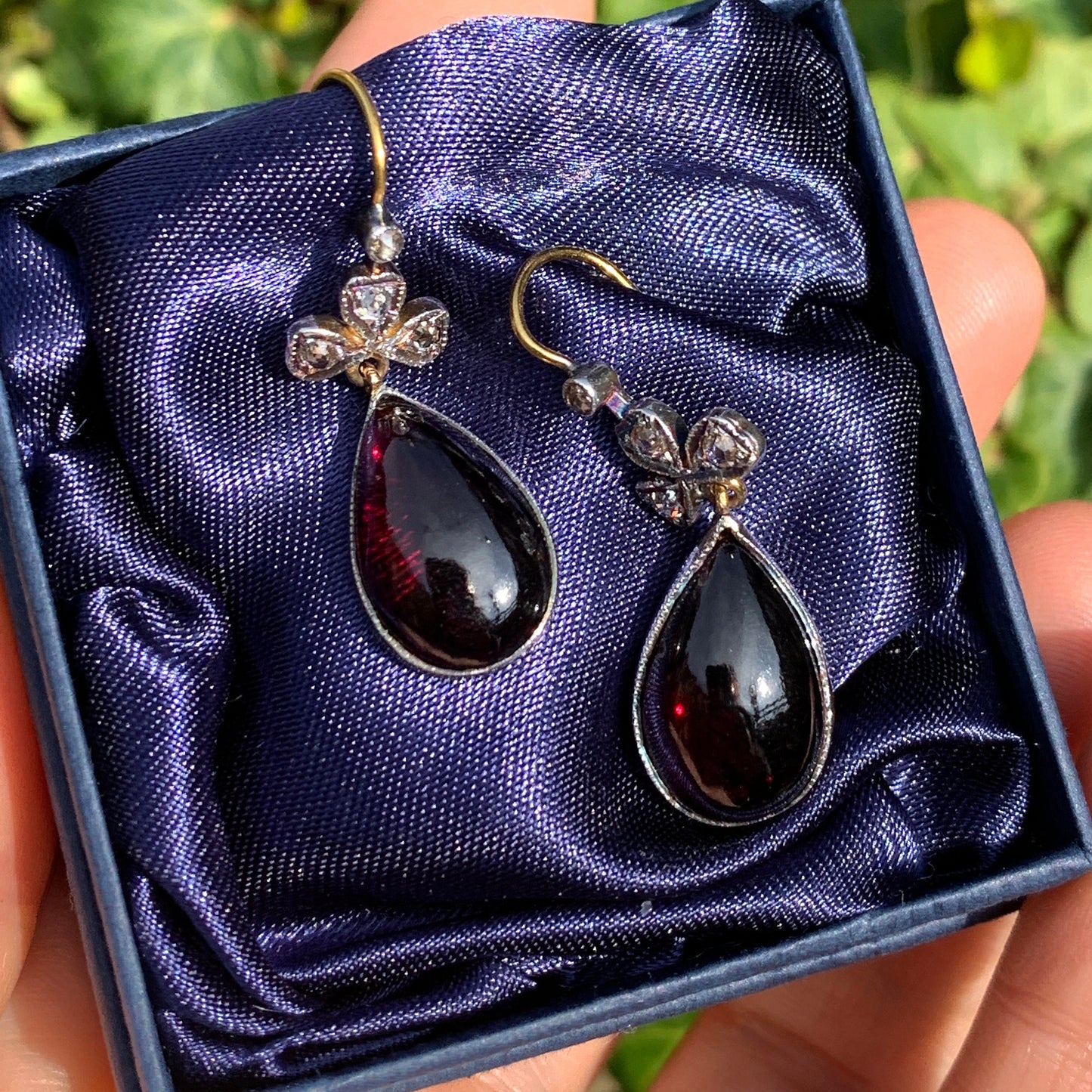 Victorian Style Rose Cut Diamond and Garnet Teardrop Earrings