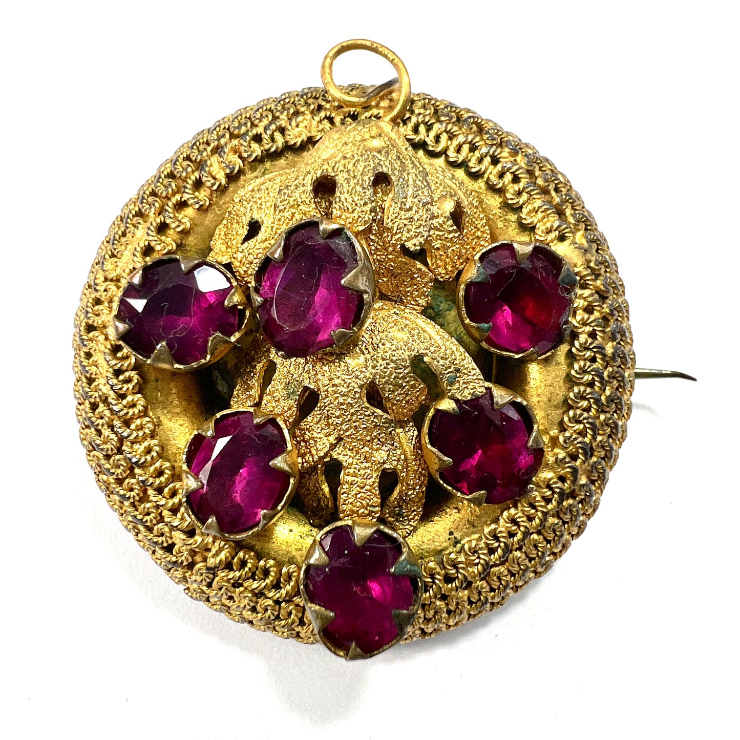 Victorian Etruscan Revival Paste Garnet Gilt Demi Parure Earrings and Brooch