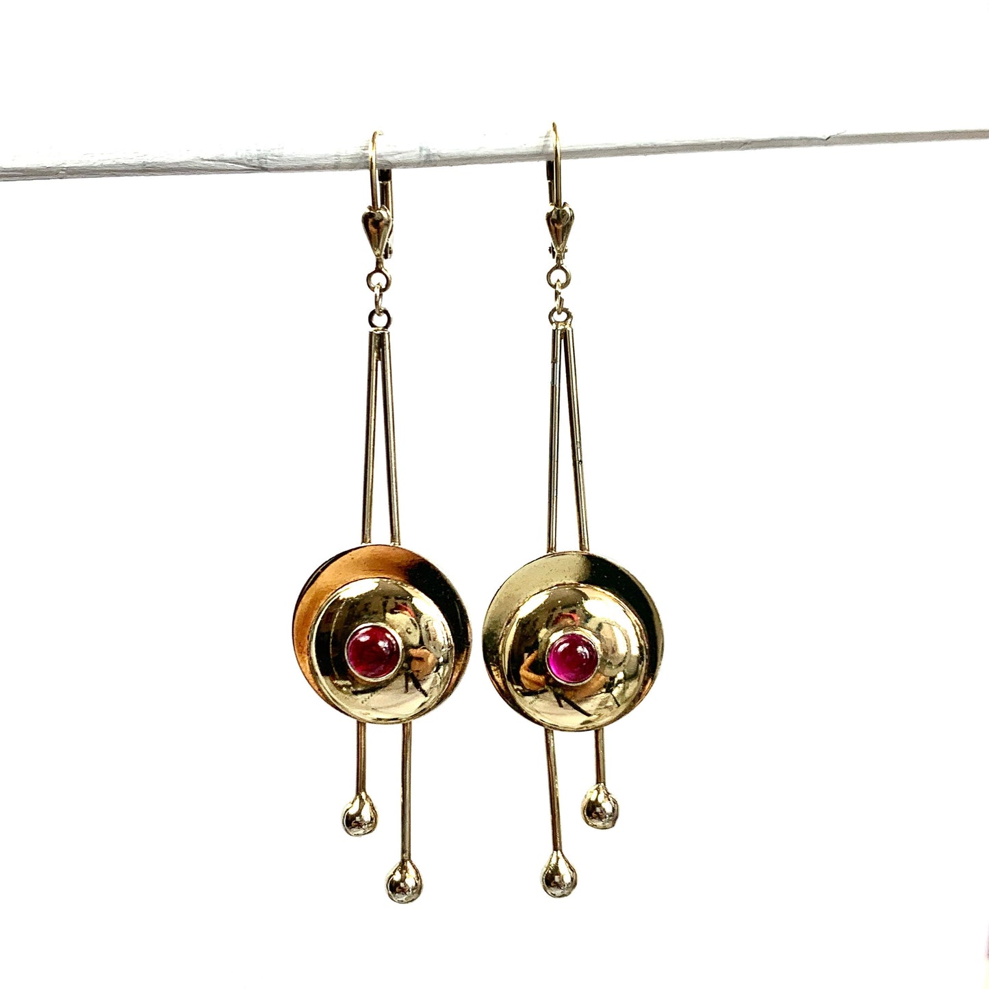 Vintage Modernist Silver Gilt Garnet Long Drop Earrings
