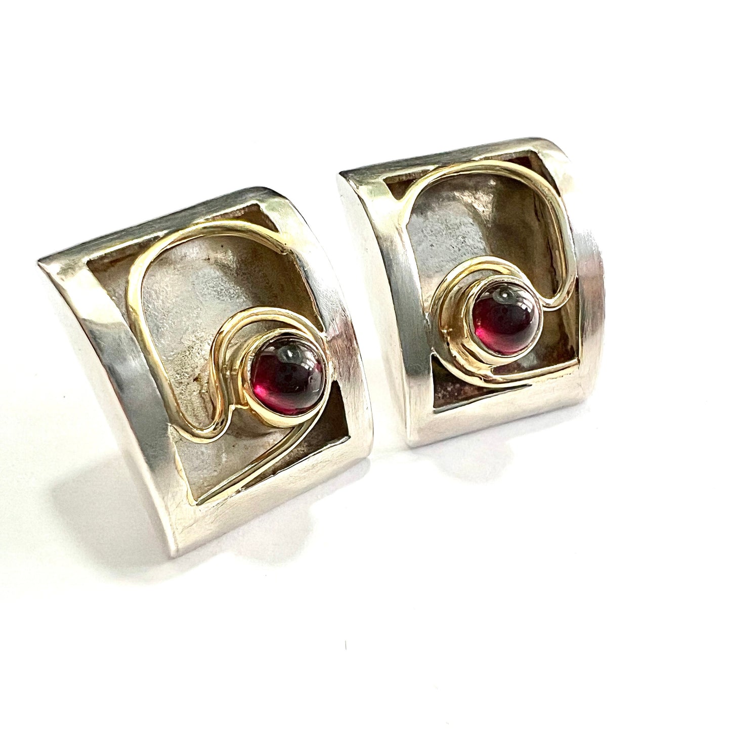Vintage Gold and Silver Modernist Garnet Earrings