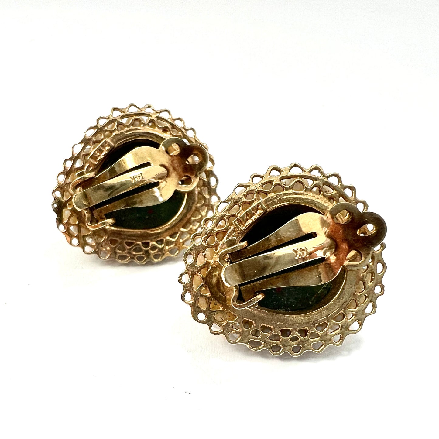 Vintage 14CT Gold Bloodstone Heart Pearl Halo Ear Clips