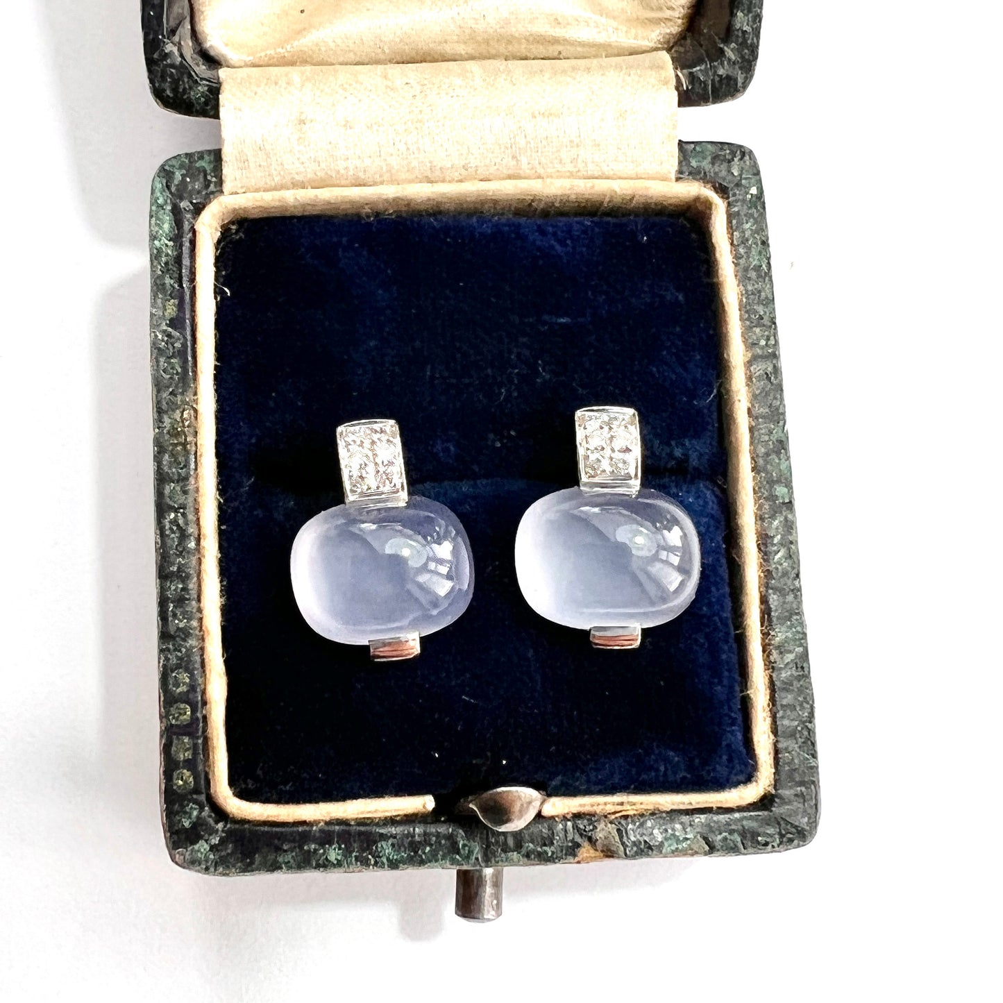 Vintage 18CT White Gold Diamond Chalcedony Earrings
