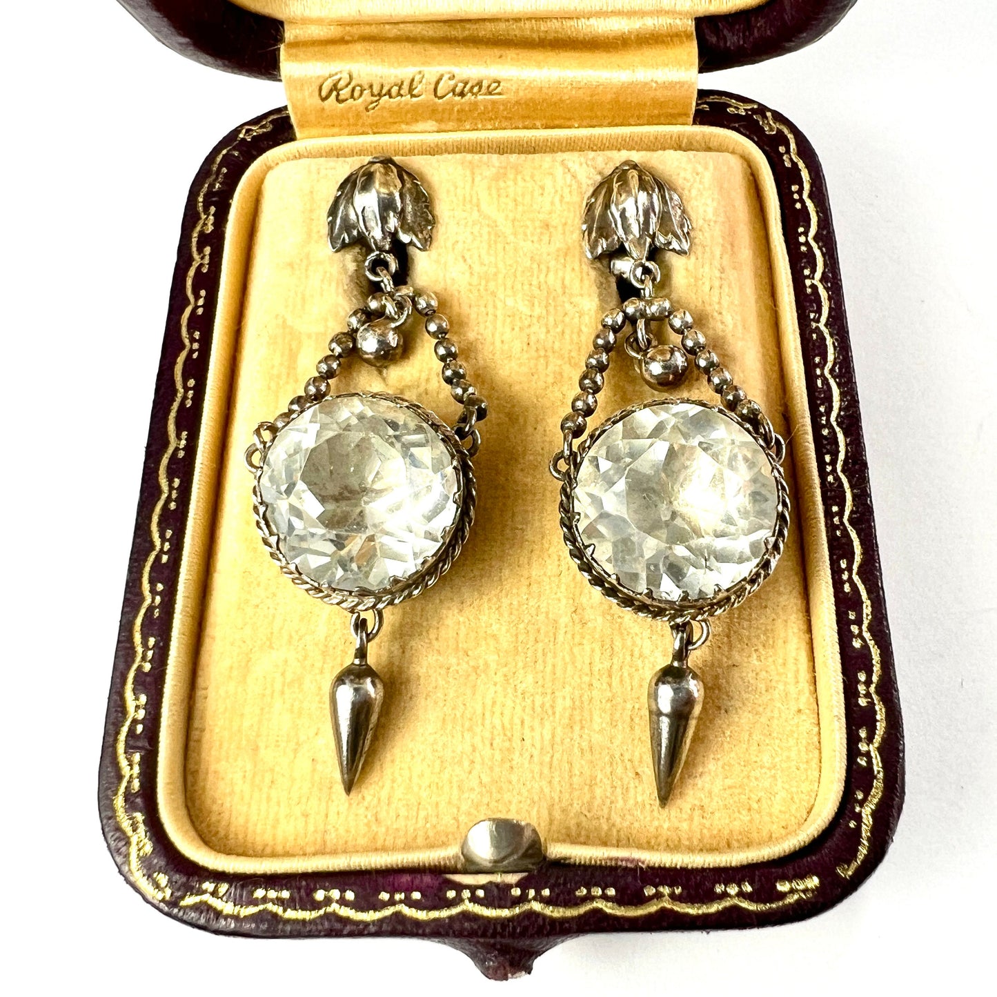 Antique Foiled Paste Silver Demi Parure Earrings and Brooch