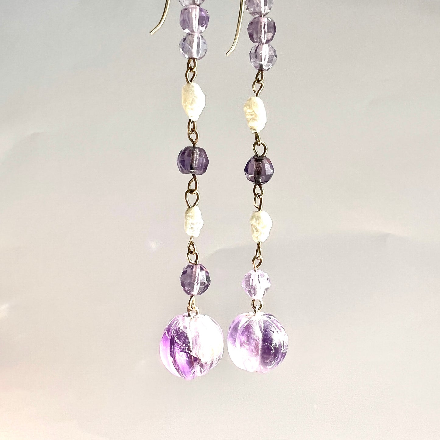 Antique Carved Amethyst and Pearl 9CT Gold Long Drop Earrings