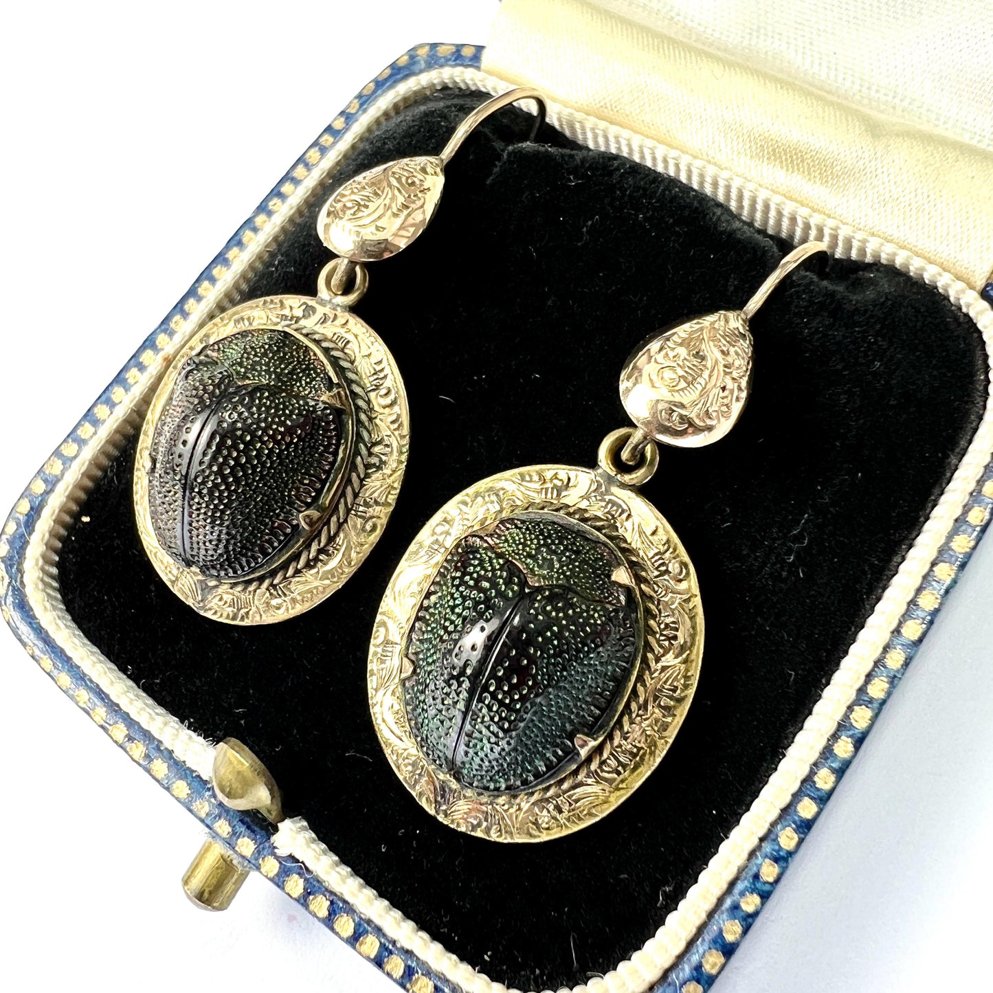 Ornate Victorian Scarab Beetle 9CT Gold Drop Earrings