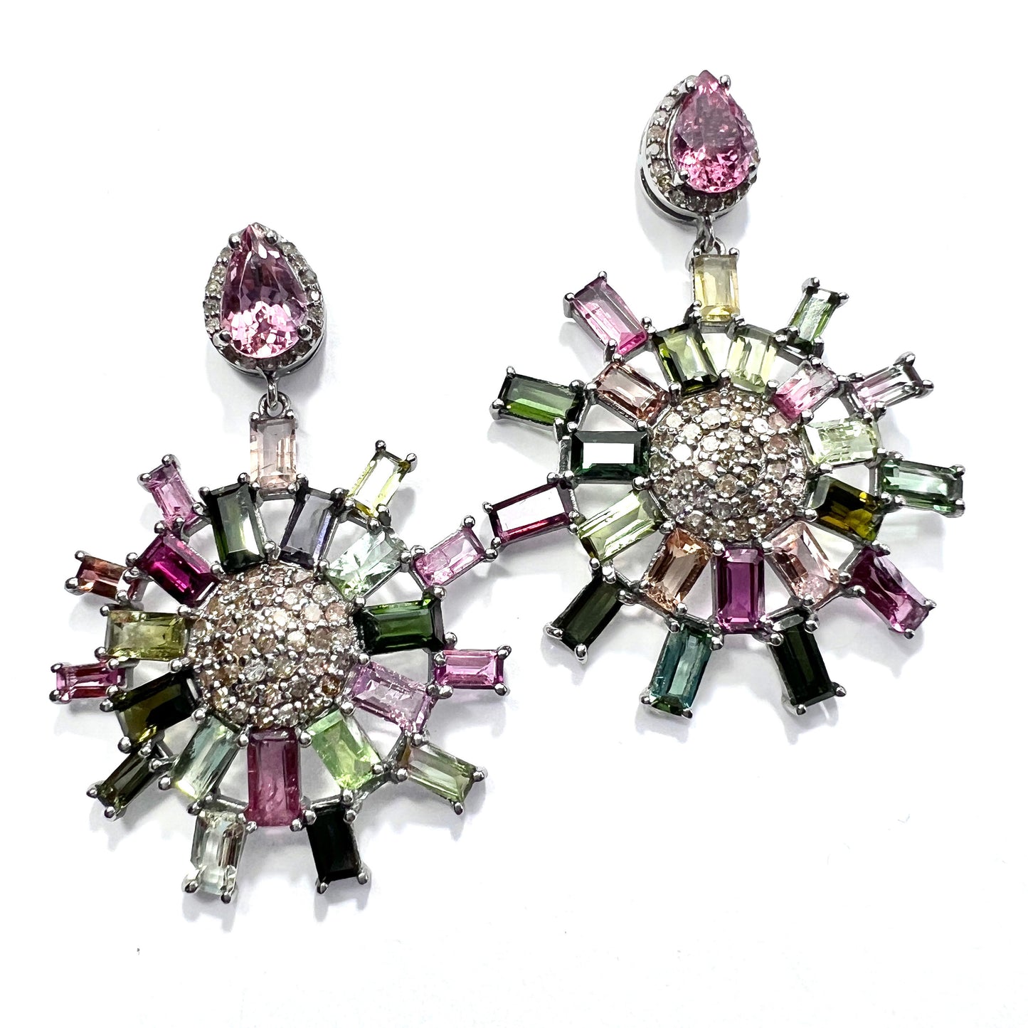 Large Vintage Diamond and Tourmaline 14CT Gold and Silver Wheel Earrings