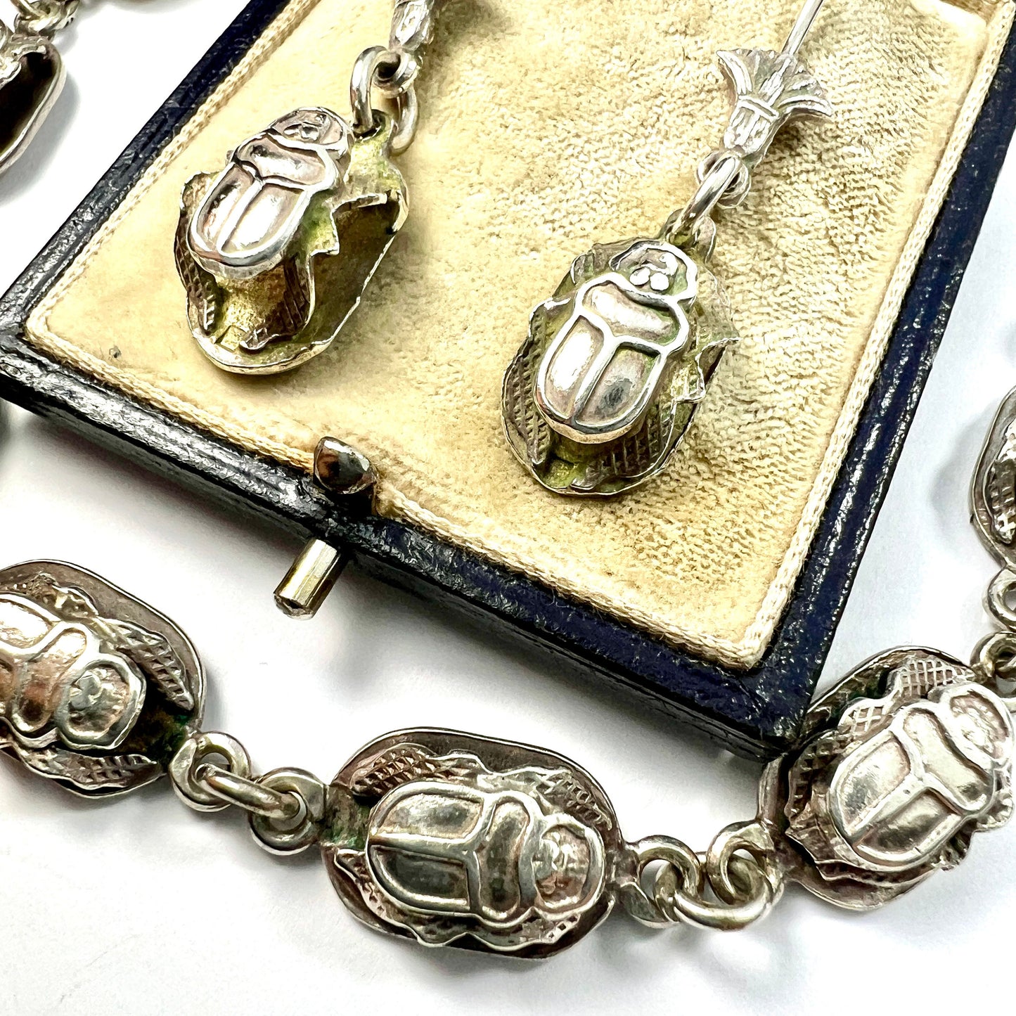 Vintage Silver Egyptian Scarab Beetle Earrings and Bracelet