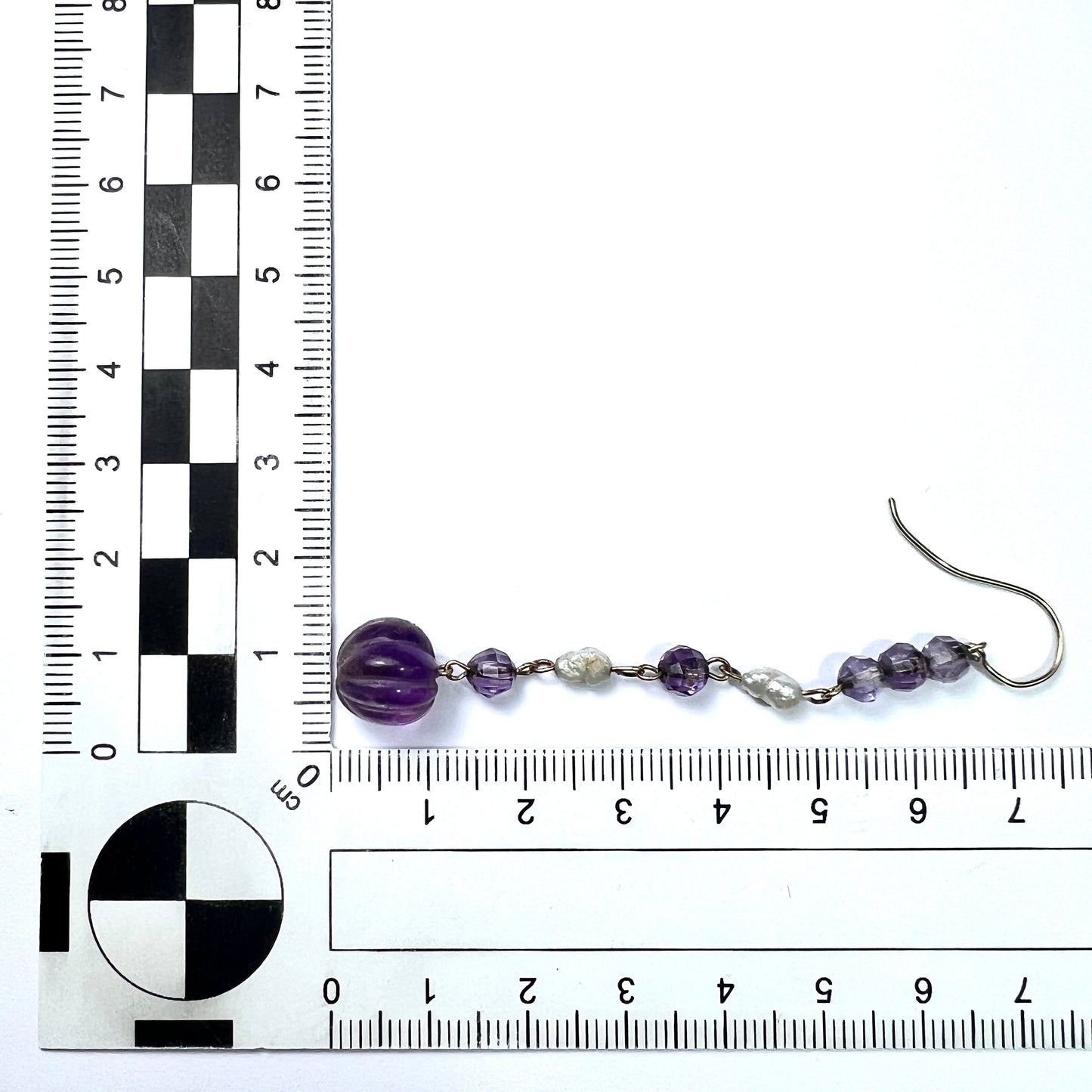 Antique Carved Amethyst and Pearl 9CT Gold Long Drop Earrings