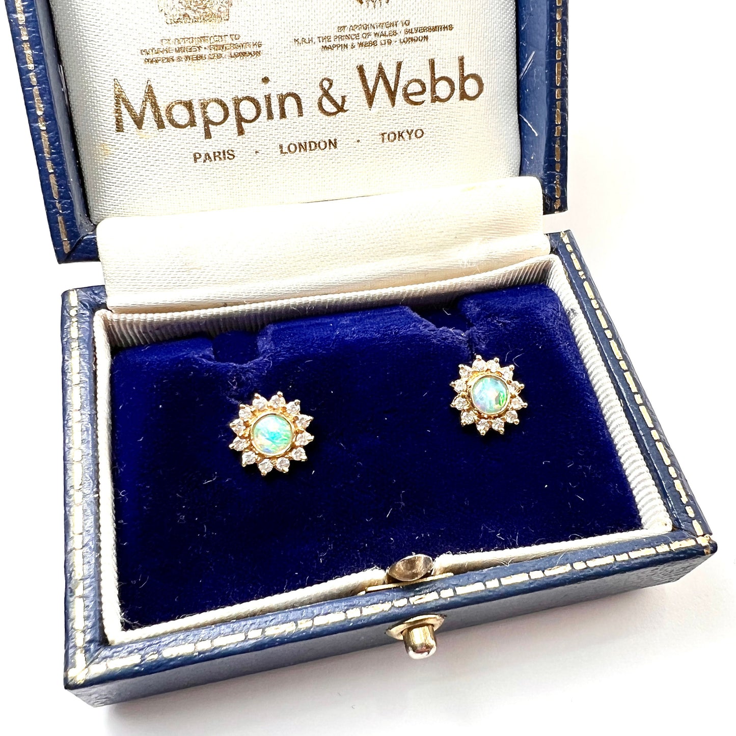 Mappin & Webb Boxed Vintage 18CT Gold Diamond and Opal Sunburst Studs