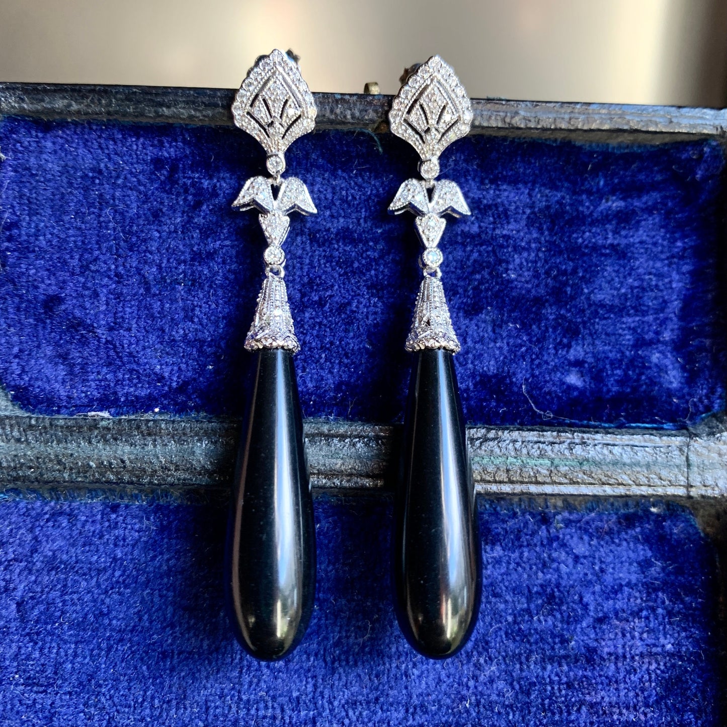 Vintage 18CT White Gold Diamond and Onyx Teardrop Earrings