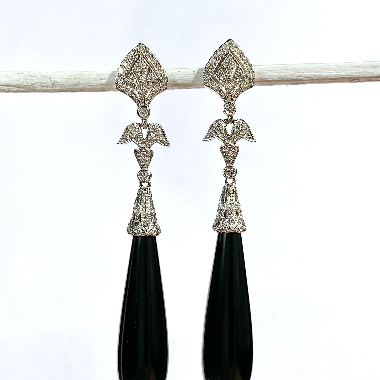 Vintage 18CT White Gold Diamond and Onyx Teardrop Earrings