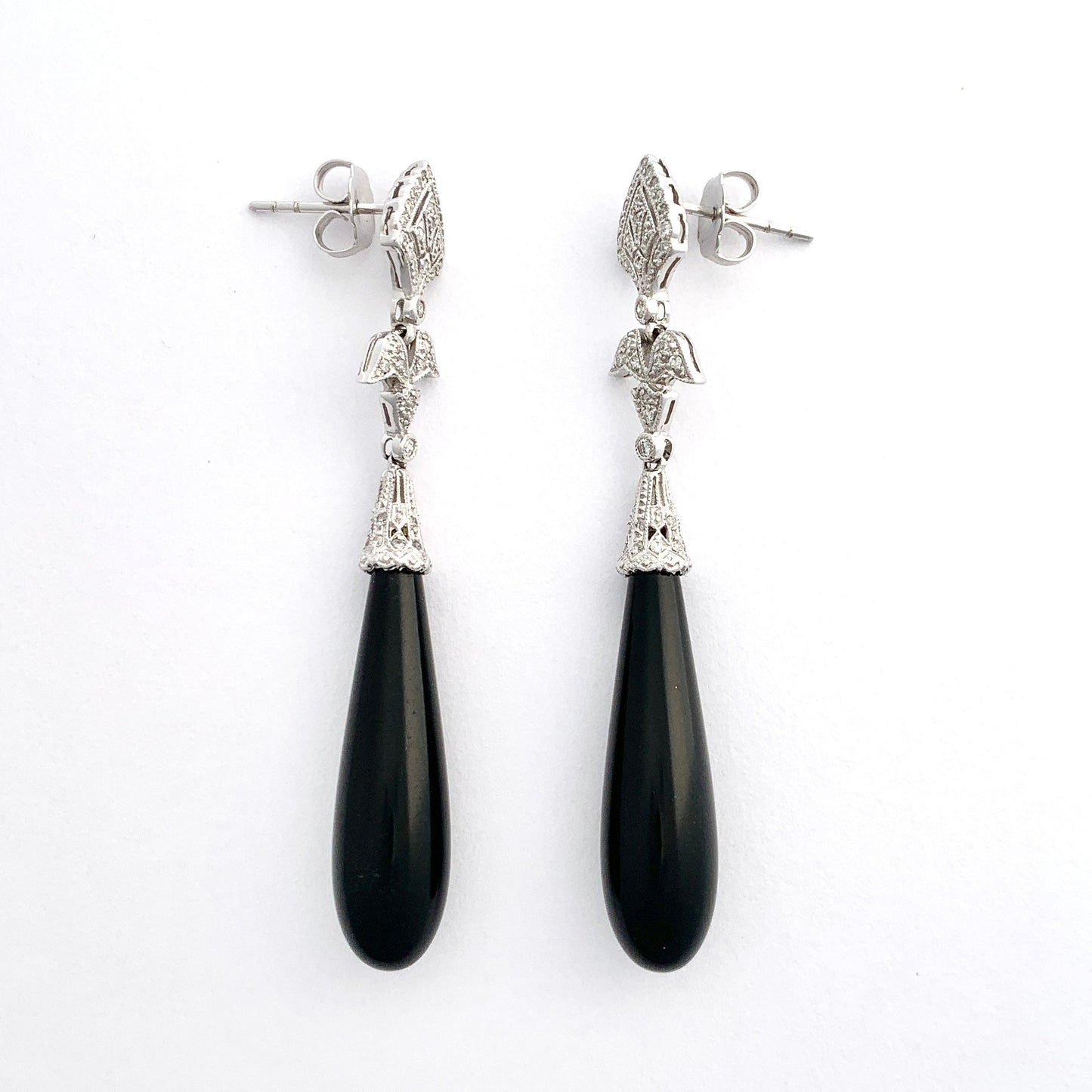 Vintage 18CT White Gold Diamond and Onyx Teardrop Earrings