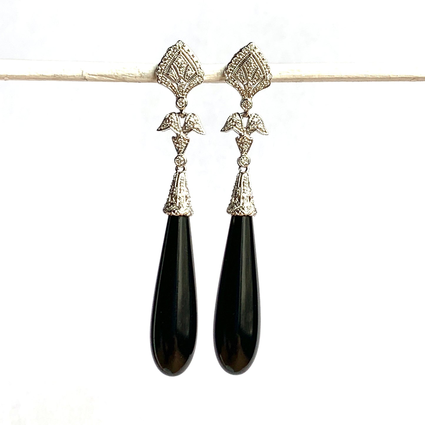 Vintage 18CT White Gold Diamond and Onyx Teardrop Earrings
