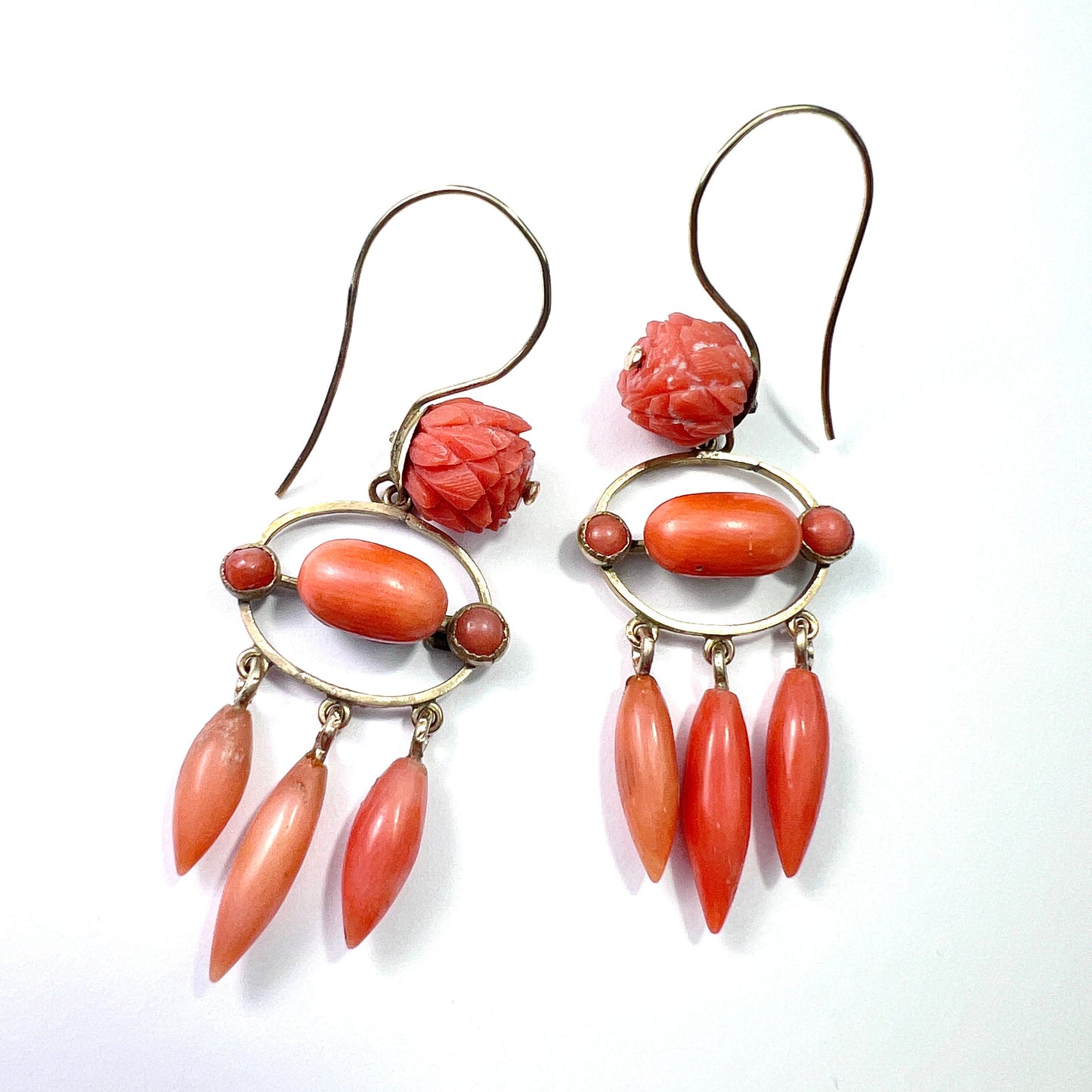 Antique Coral Torpedo Drop 9CT Gold Girandole Earrings