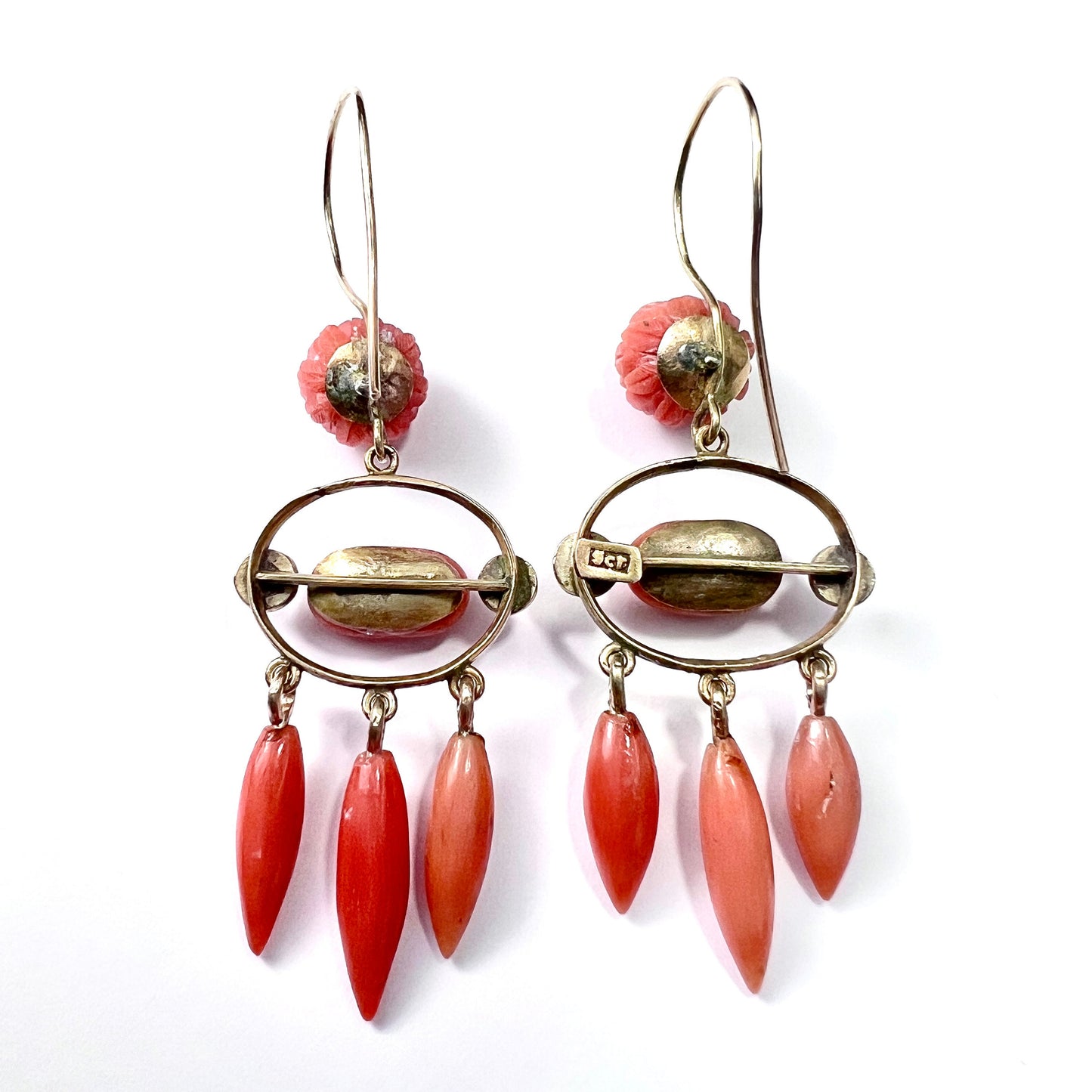 Antique Coral Torpedo Drop 9CT Gold Girandole Earrings