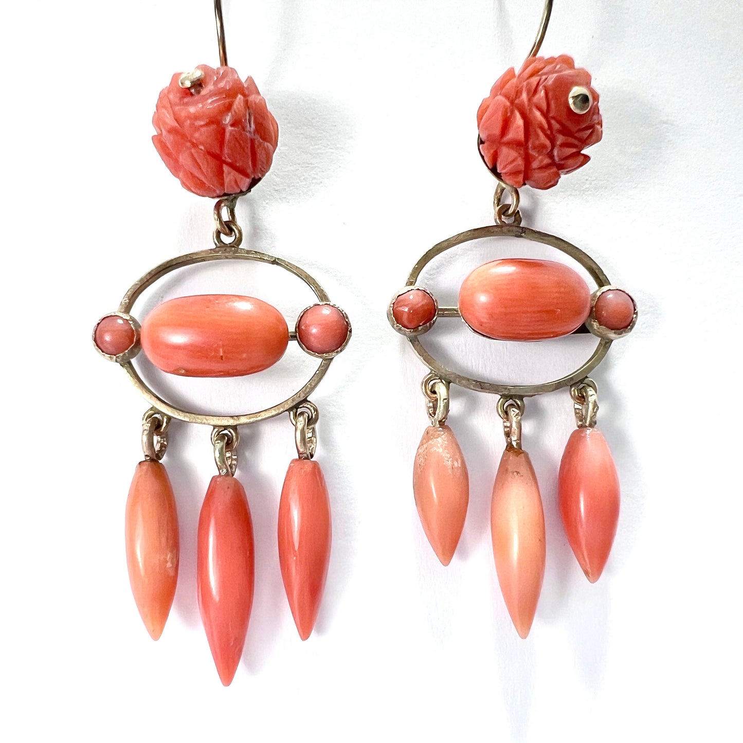 Antique Coral Torpedo Drop 9CT Gold Girandole Earrings