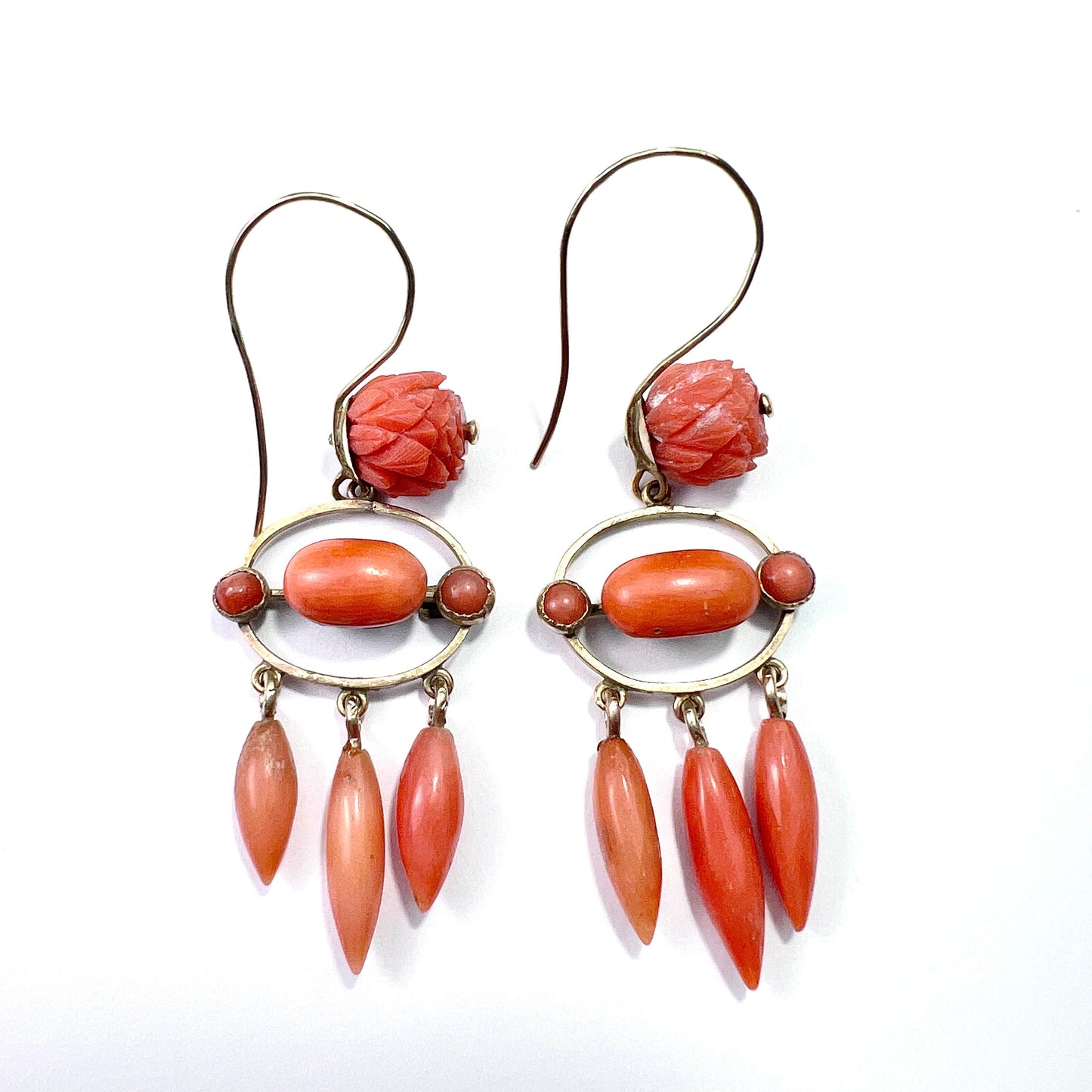Antique Coral Torpedo Drop 9CT Gold Girandole Earrings