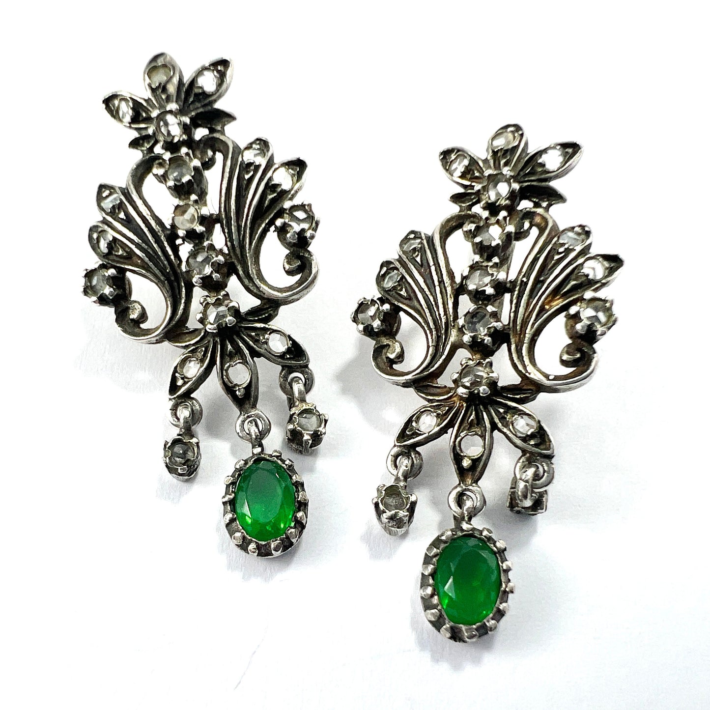 Vintage Paste Diamond and Emerald Silver Earrings and Ring