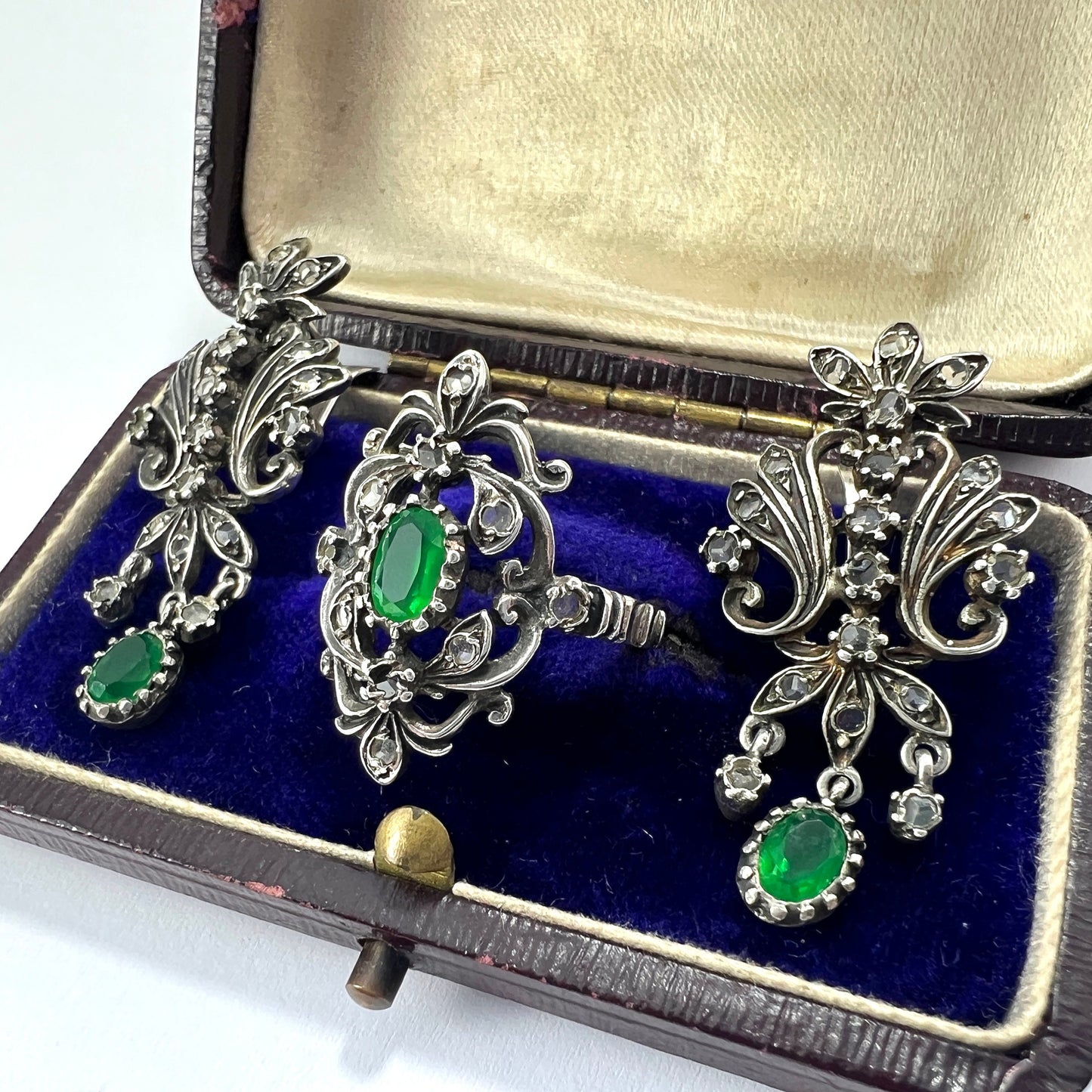 Vintage Paste Diamond and Emerald Silver Earrings and Ring