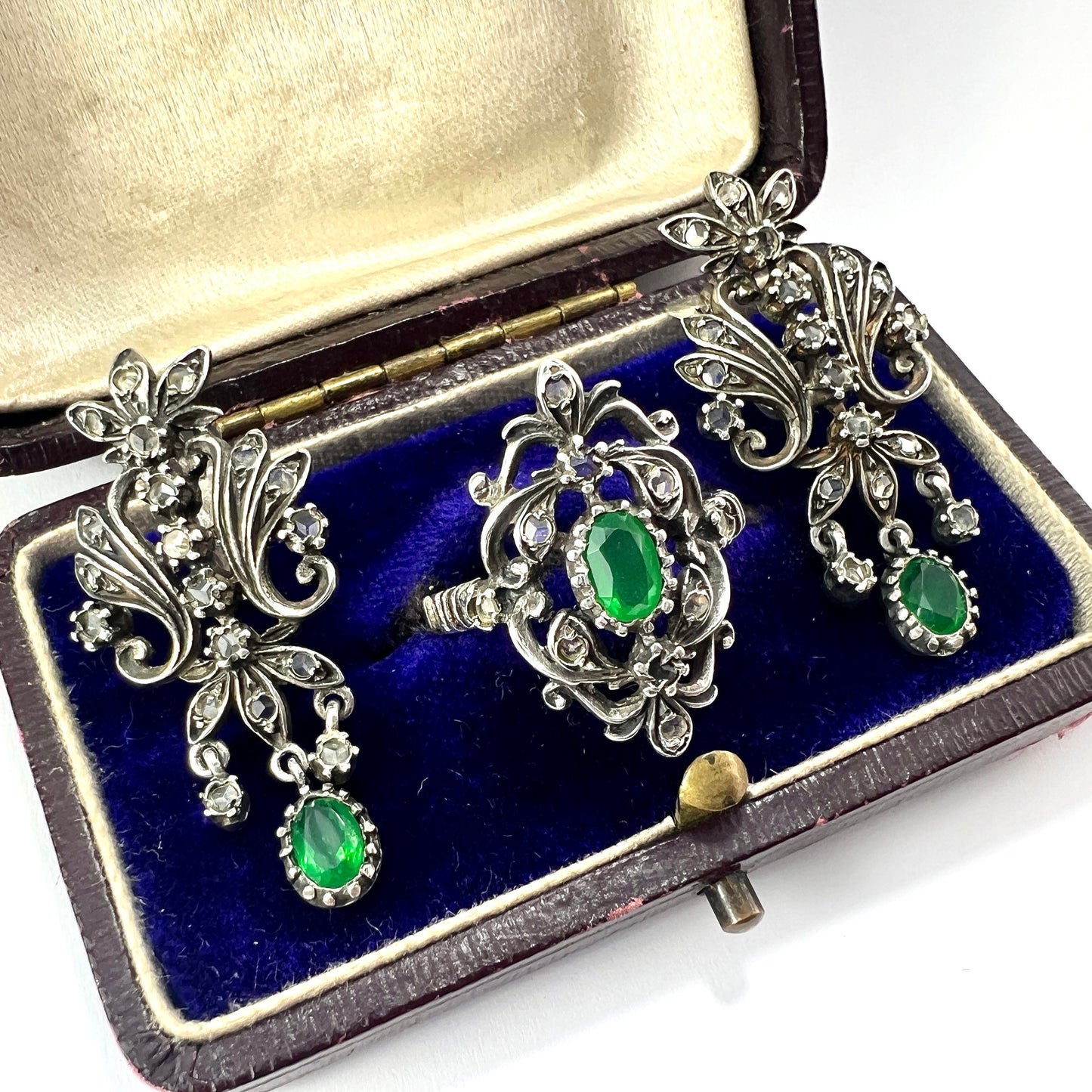 Vintage Paste Diamond and Emerald Silver Earrings and Ring