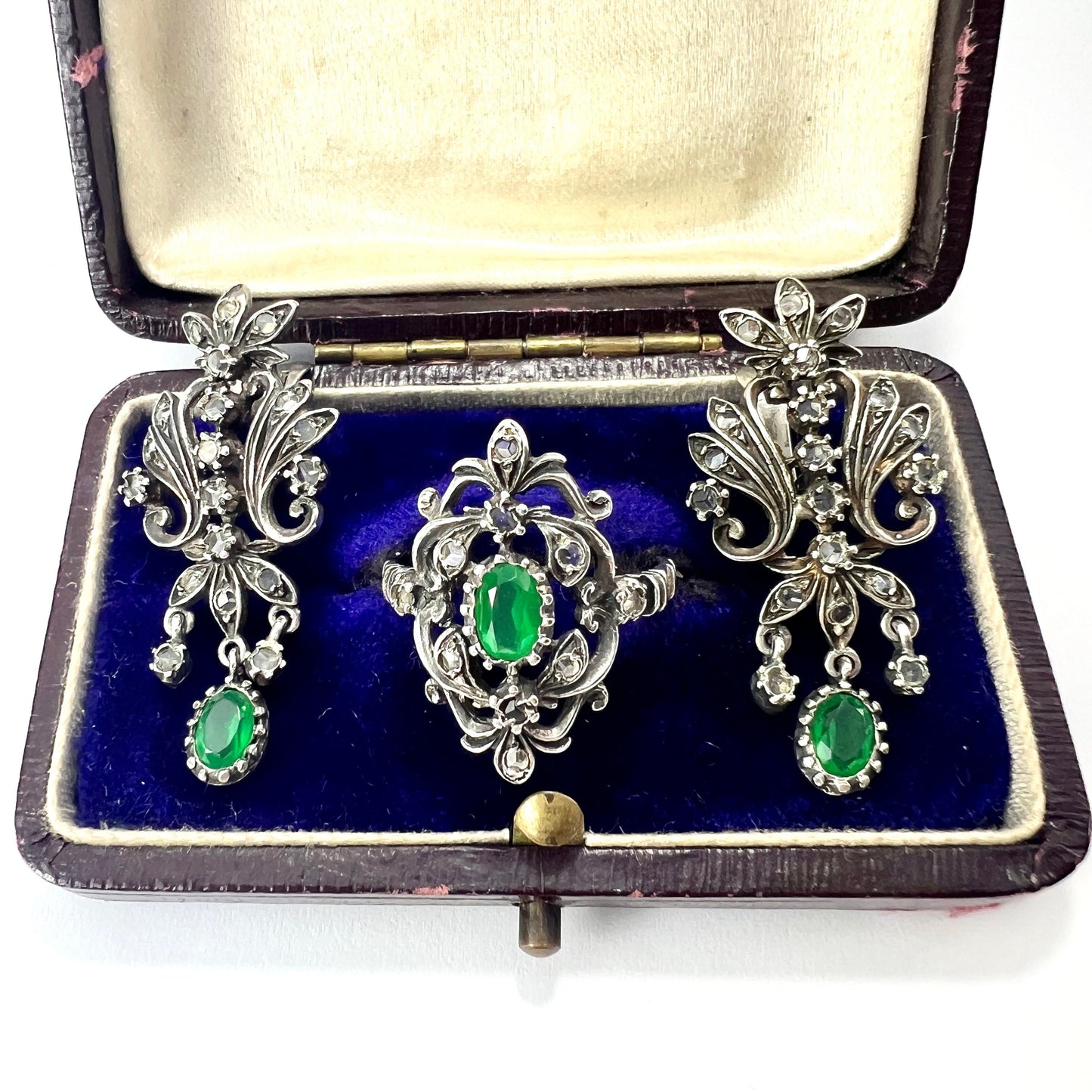 Vintage Paste Diamond and Emerald Silver Earrings and Ring