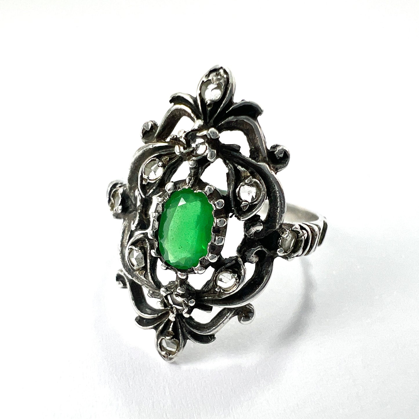 Vintage Paste Diamond and Emerald Silver Earrings and Ring