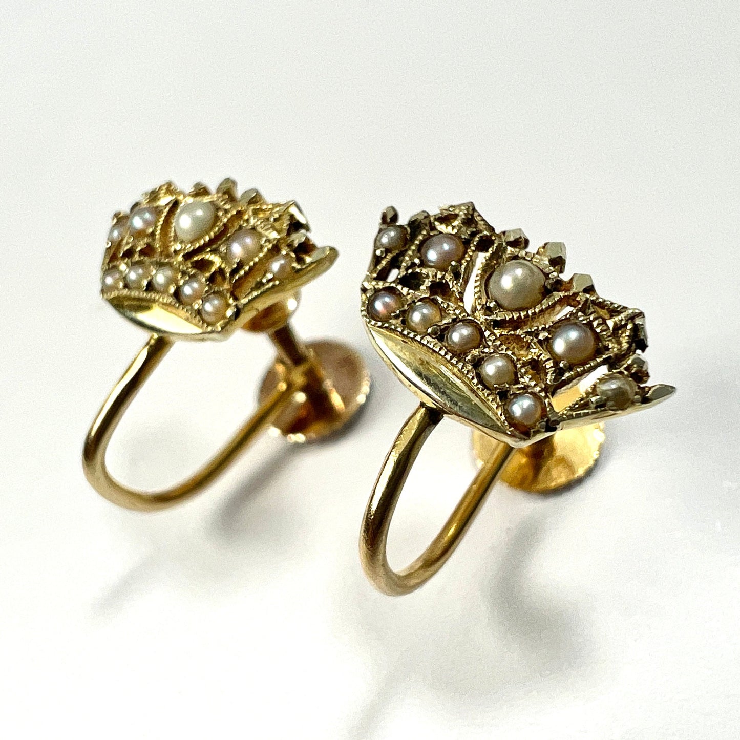 Vintage 9CT Gold Pearl Crown Screwback Earrings