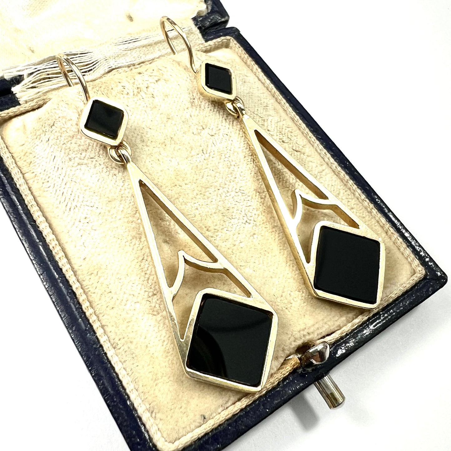 Large Vintage Art Deco Style 9CT Gold Onyx Earrings