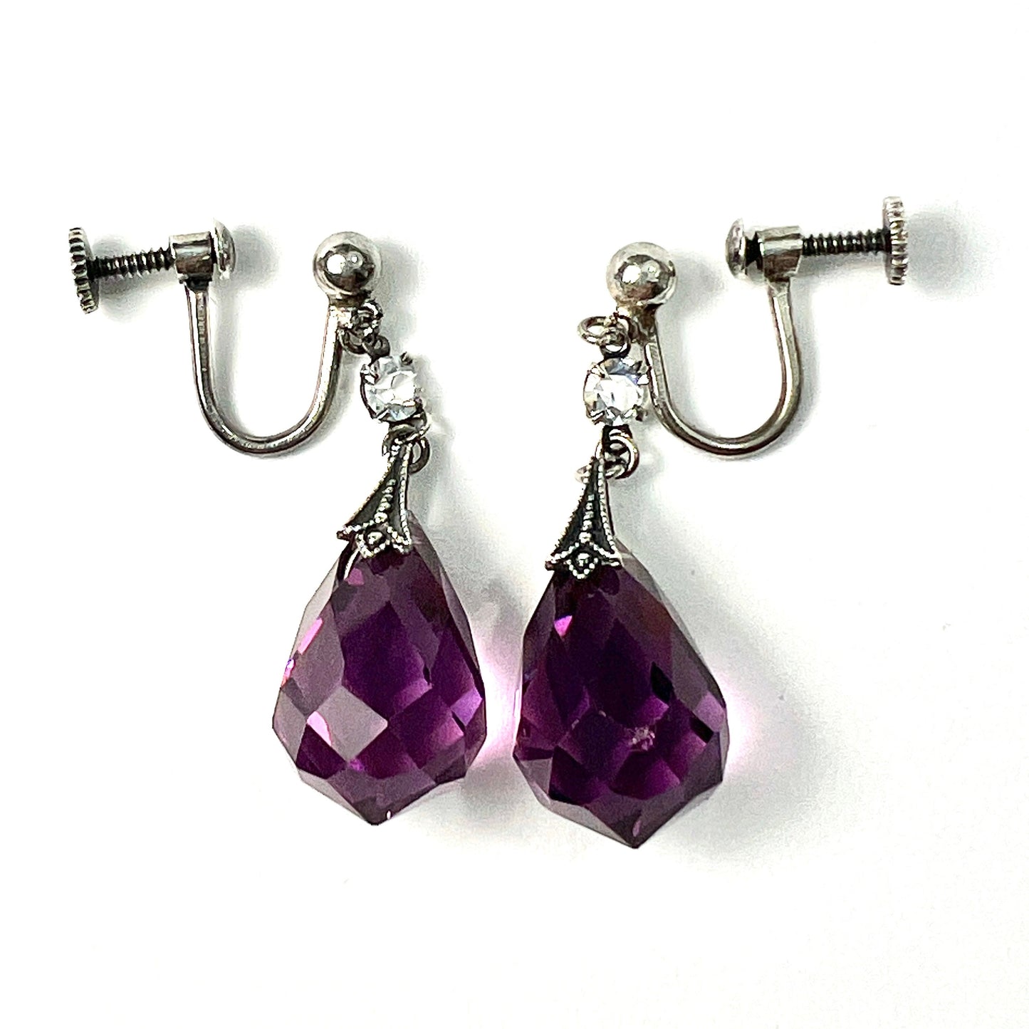 Vintage Amethyst Paste Silver Screwback Earrings