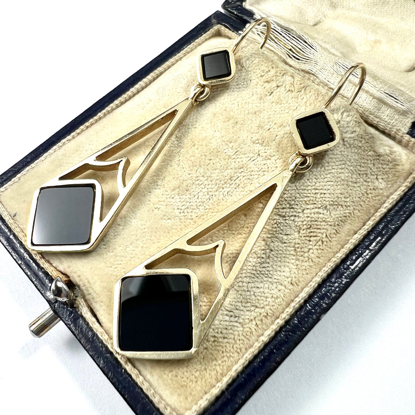 Large Vintage Art Deco Style 9CT Gold Onyx Earrings