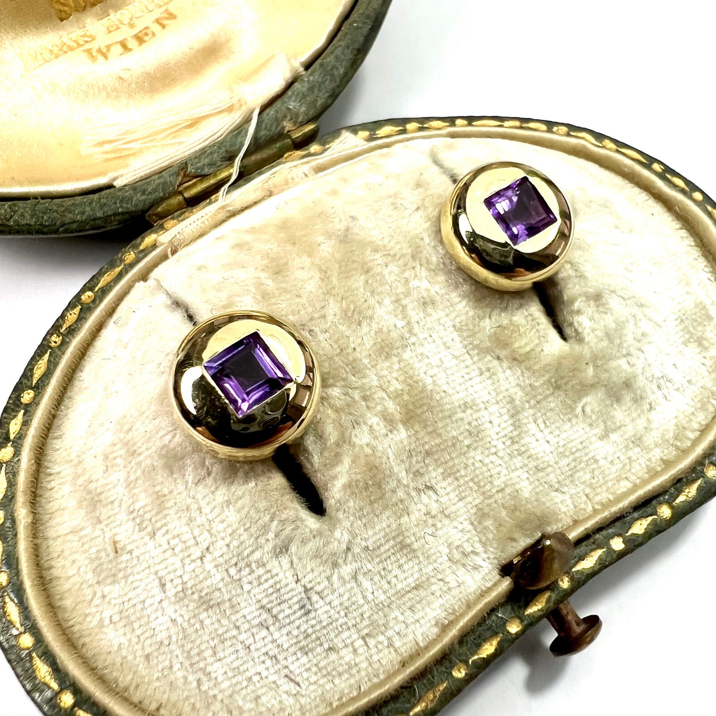 Vintage 9CT Gold Square Amethyst Dome Stud Earrings