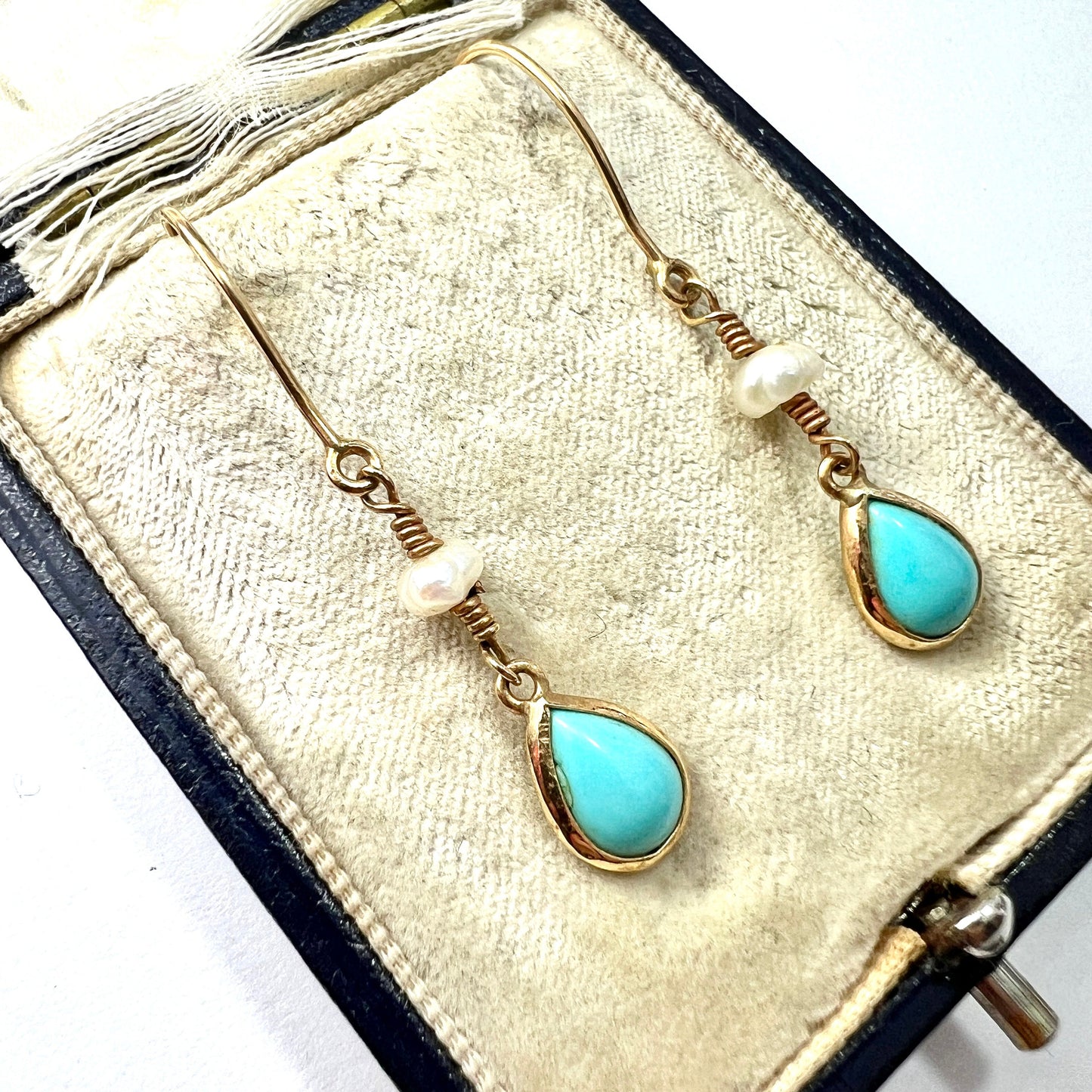 Vintage 14CT Gold Turquoise and Seed Pearl Teardrop Earrings