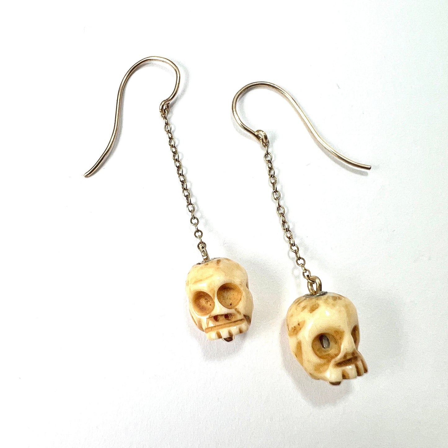 Antique Carved Bone Skull 9CT Gold Chain Drop Earrings