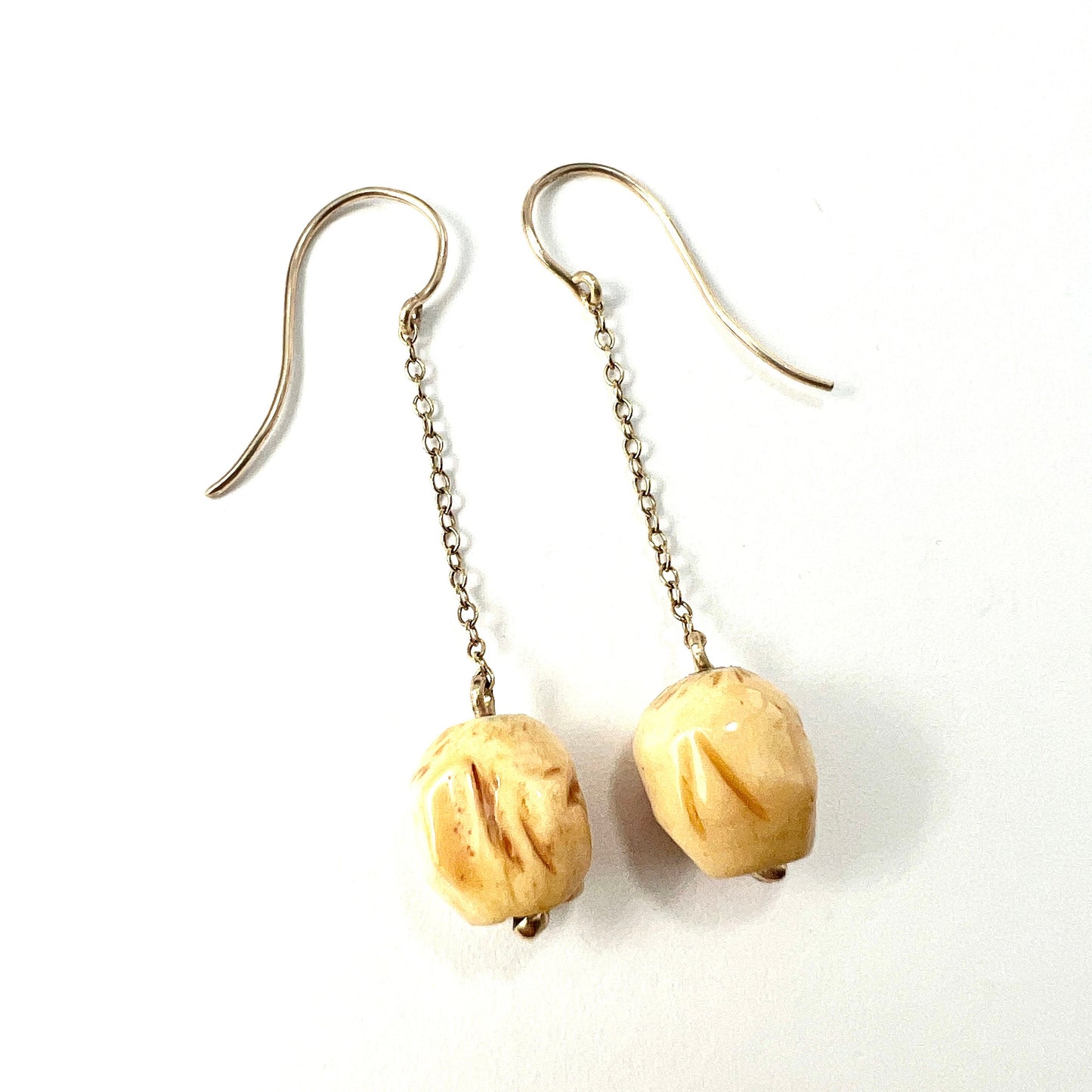 Antique Carved Bone Skull 9CT Gold Chain Drop Earrings