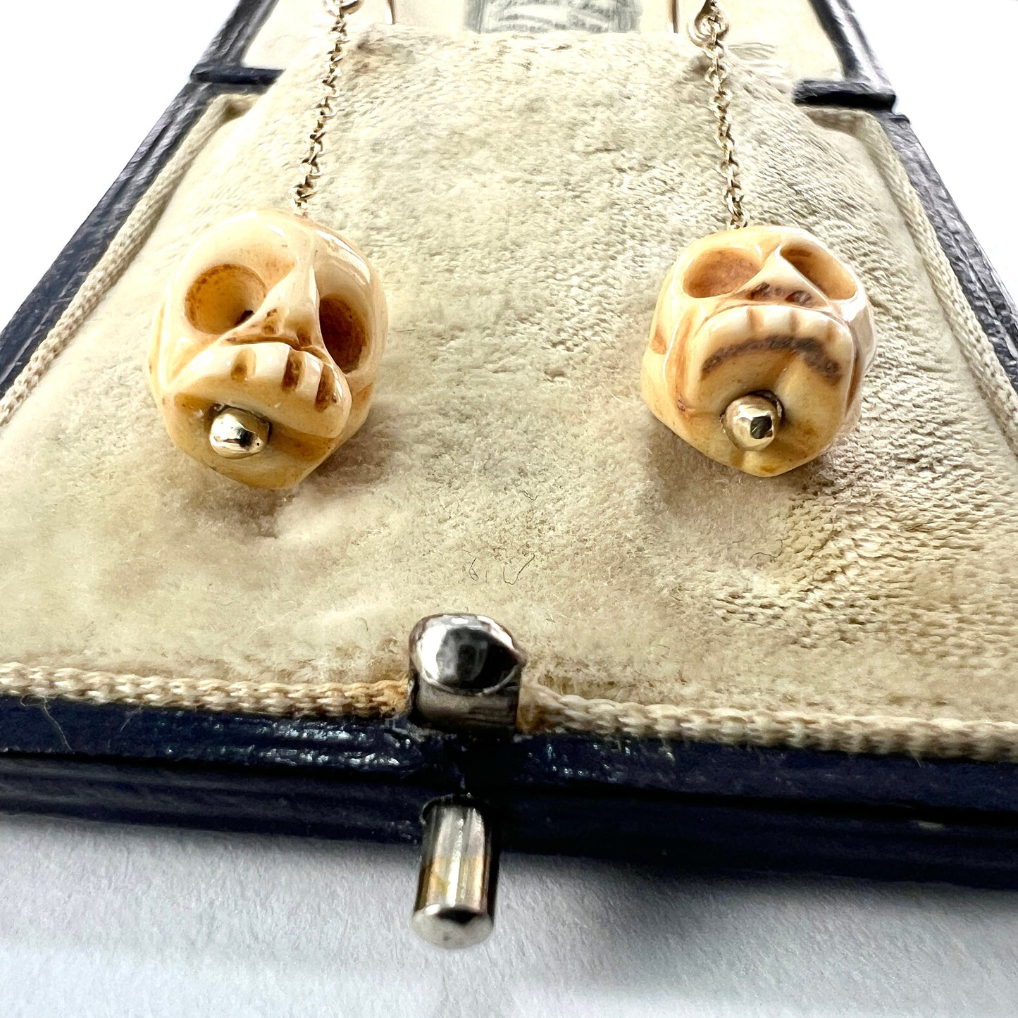 Antique Carved Bone Skull 9CT Gold Chain Drop Earrings