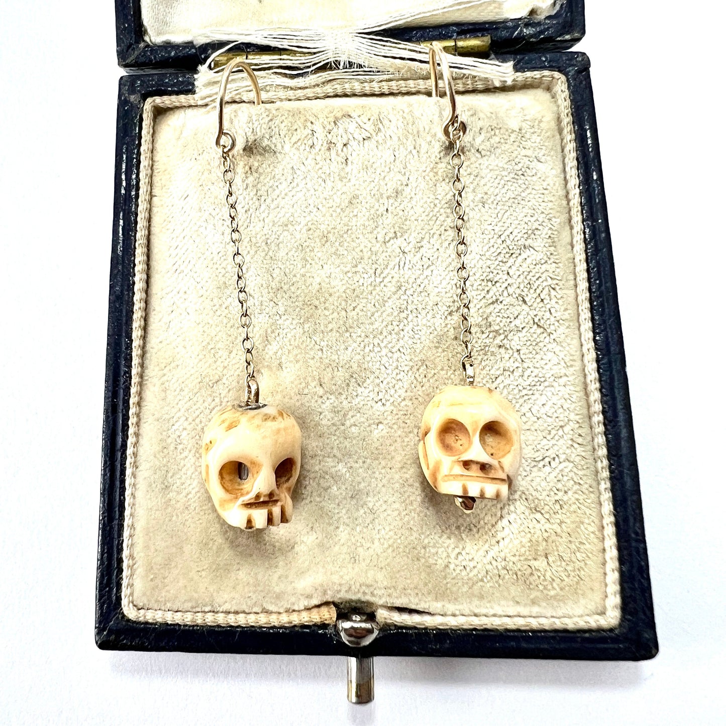 Antique Carved Bone Skull 9CT Gold Chain Drop Earrings