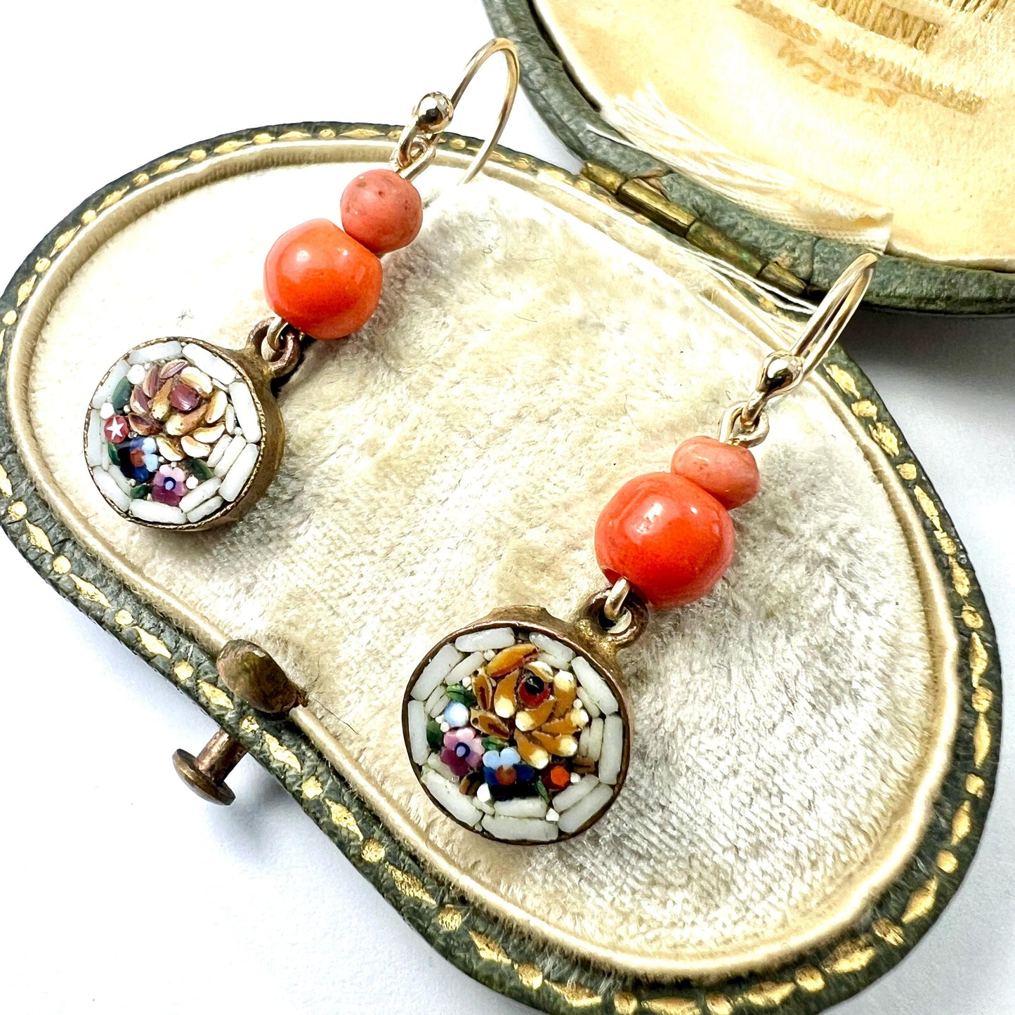 Antique Coral Micromosaic Earrings on 9CT Gold Wires
