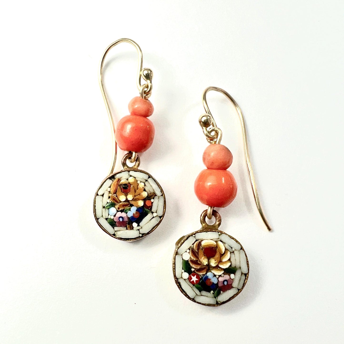 Antique Coral Micromosaic Earrings on 9CT Gold Wires