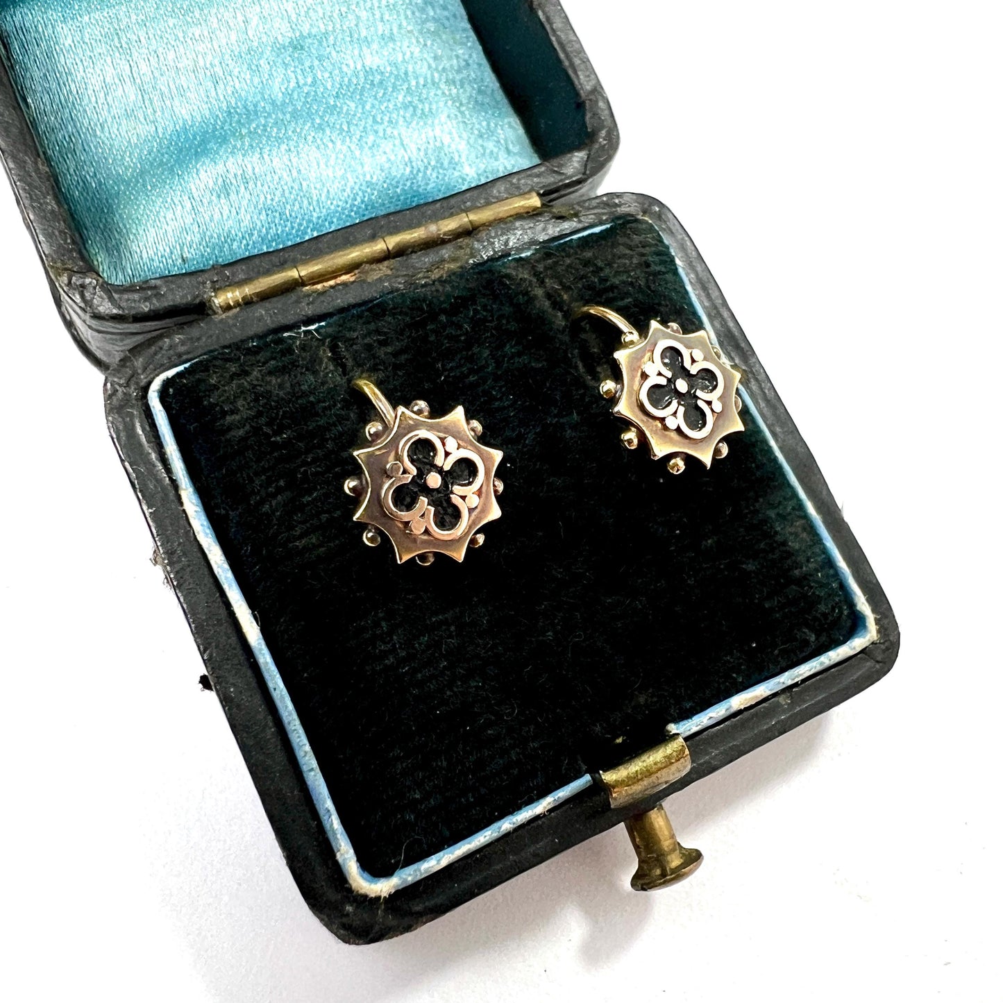 Tiny Victorian 15CT Gold Quatrefoil Enamel Earrings