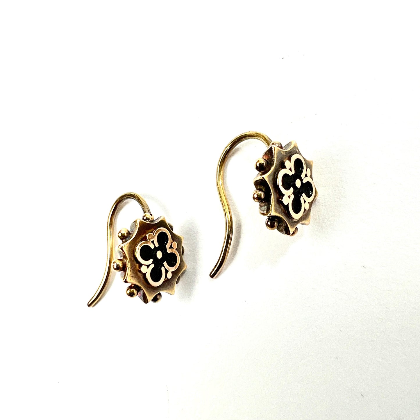 Tiny Victorian 15CT Gold Quatrefoil Enamel Earrings